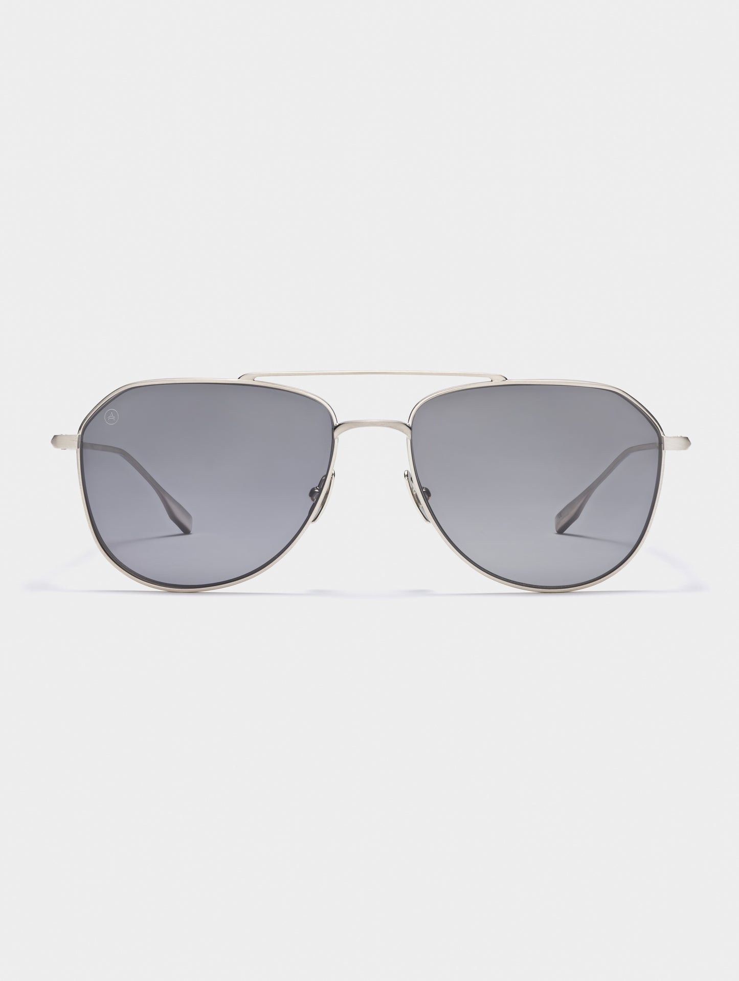 Front view of Bryce Sunglass in Brushed Silver titanium with Grey Lens from AETHER Apparel.
