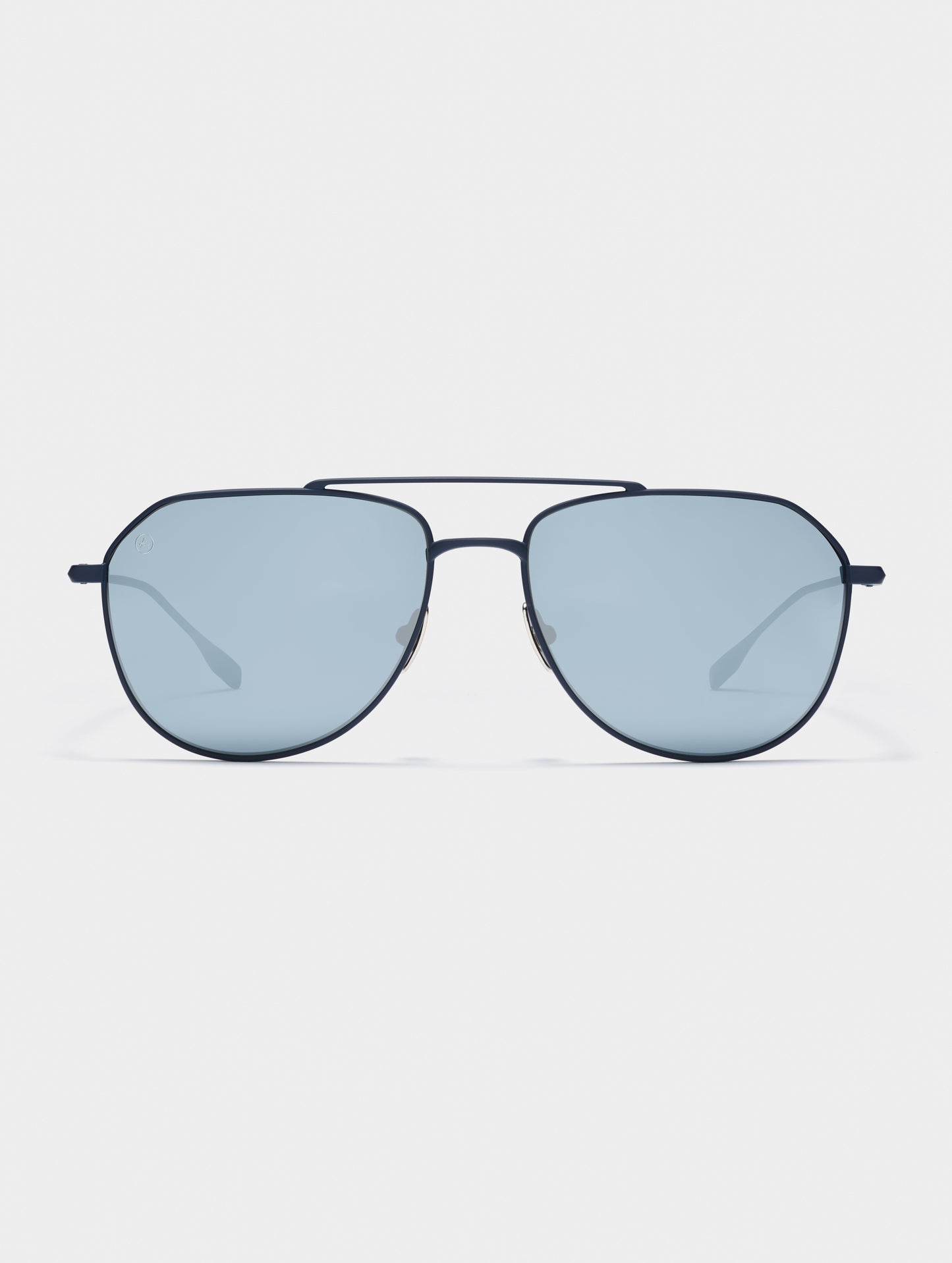Front view of Bryce Sunglass in black titanium with Blue Lens from AETHER Apparel.