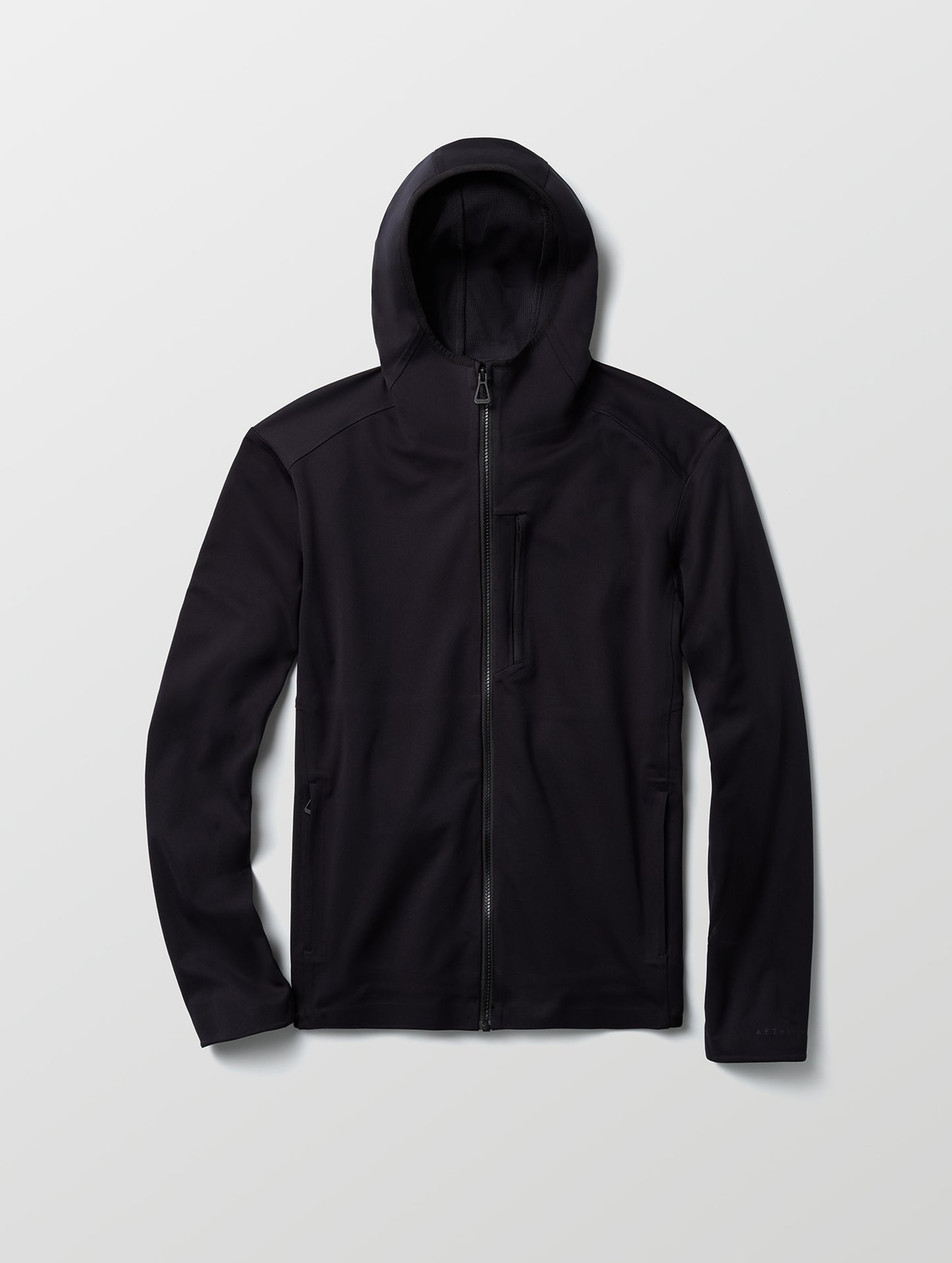 Flat lay of Hooded Tech-Fleece Full-Zip in Onyx Black from AETHER Apparel.