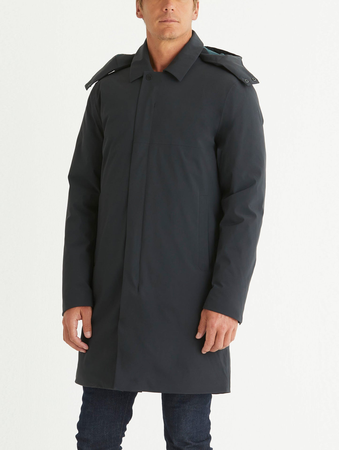 Front 3/4 body view of man wearing Isaac Jacket in Onyx Black from AETHER Apparel.