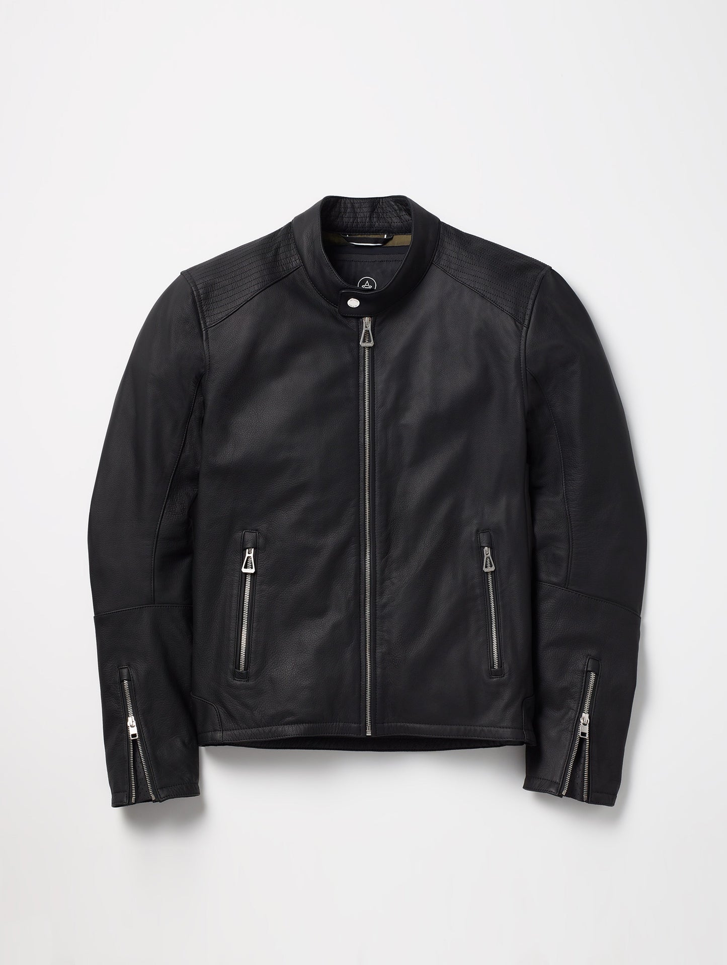Flat lay of men's Laslo Motorcycle Jacket in Onyx Black from AETHER Apparel.