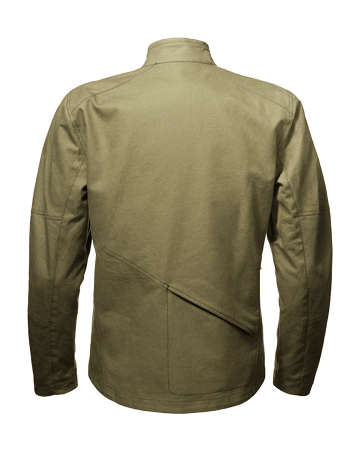 Isolated view of back of men's light brown Loop Motorcycle Jacket from AETHER Apparel.