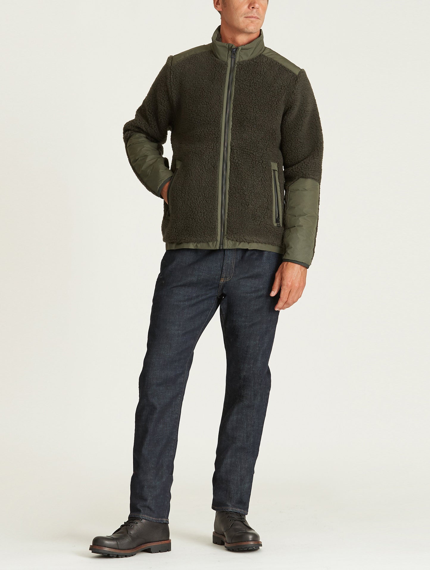 Front full-body view of man wearing Narrows Jacket in Duffle Green from AETHER Apparel.