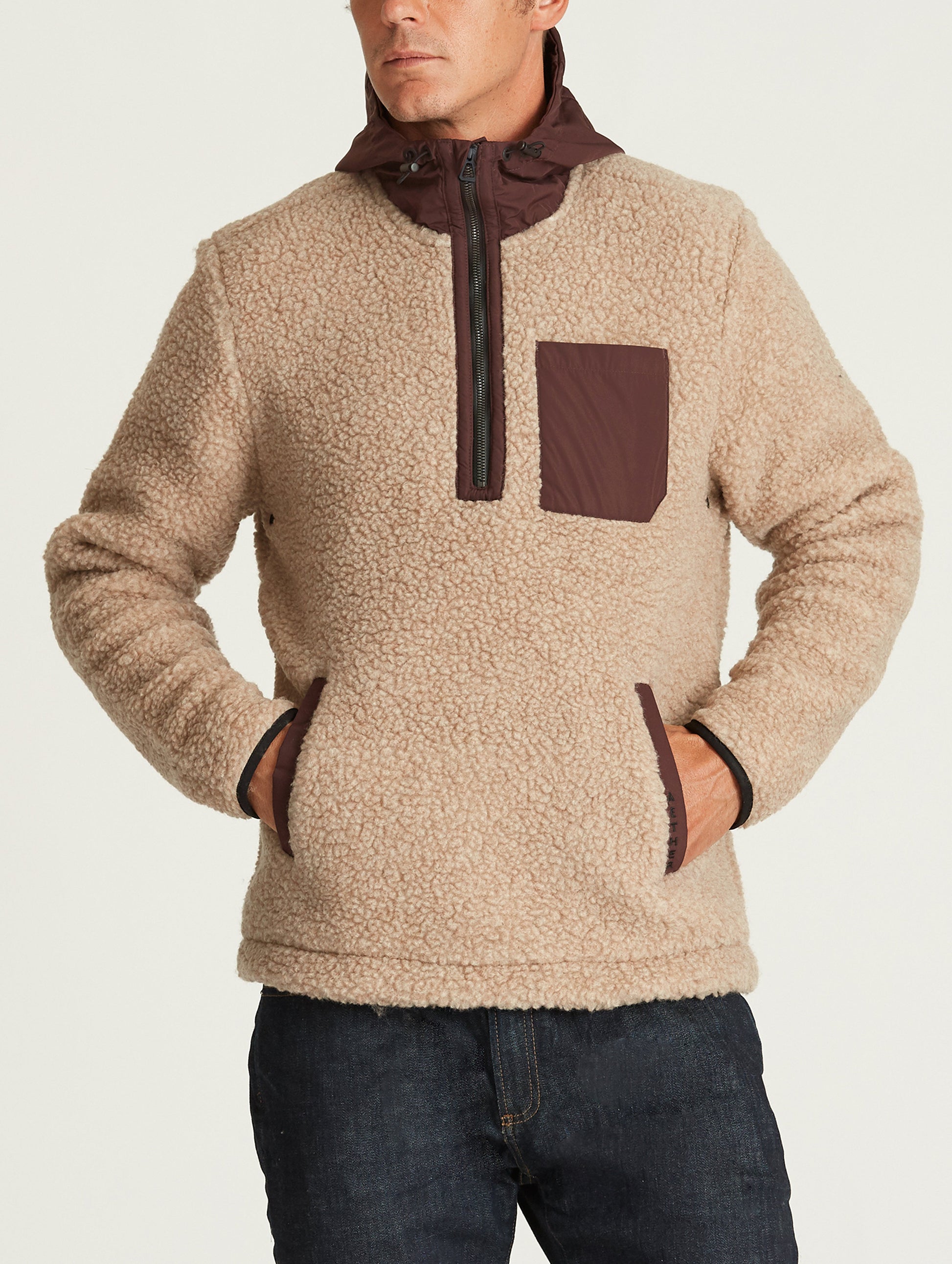 Front body view of man wearing Narrows Pullover in Camel from AETHER Apparel.