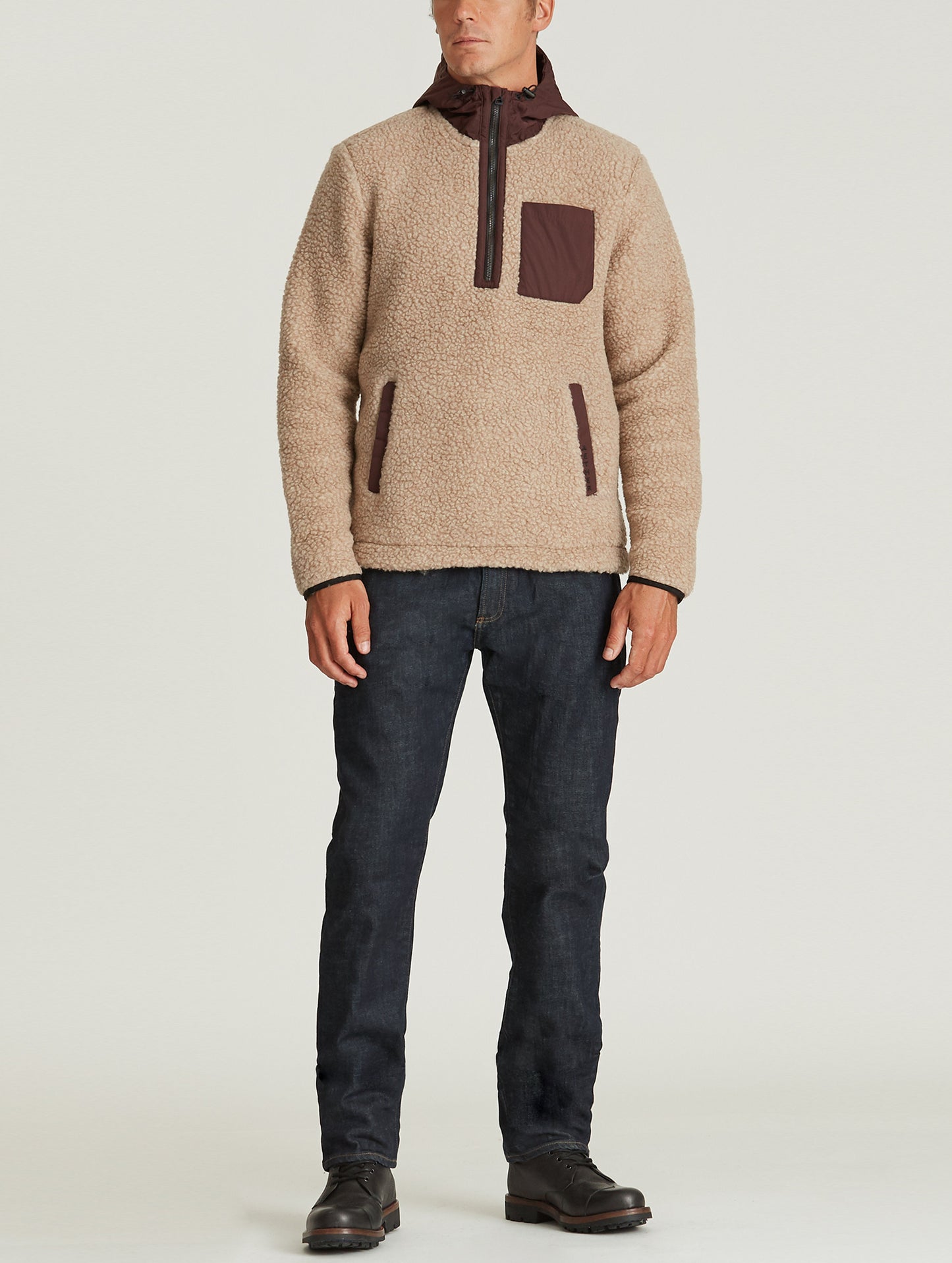 Front full-body view of man wearing Narrows Pullover in Camel from AETHER Apparel.