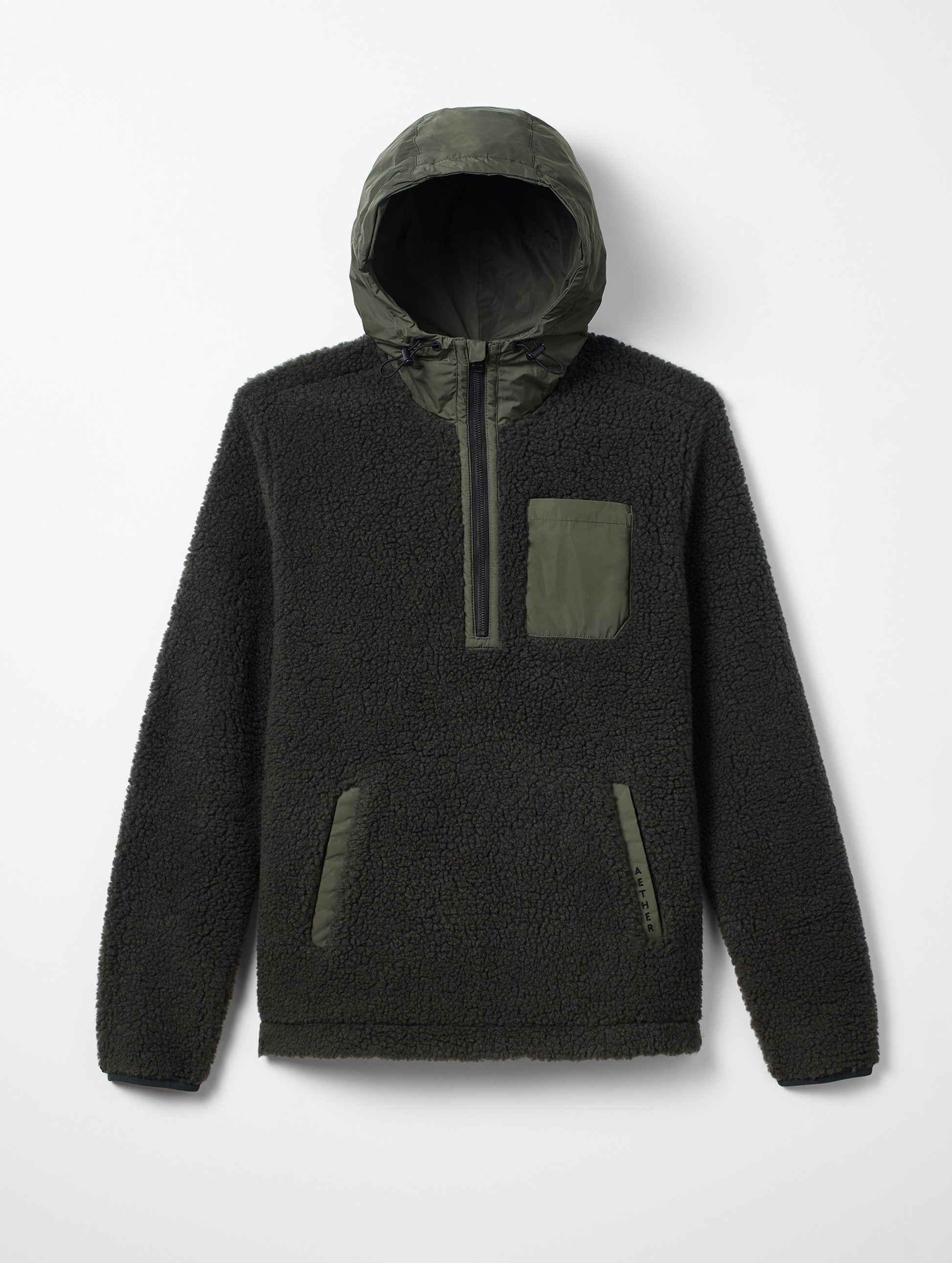 Flat lay of men's Narrows Pullover in Duffle Green from AETHER Apparel.