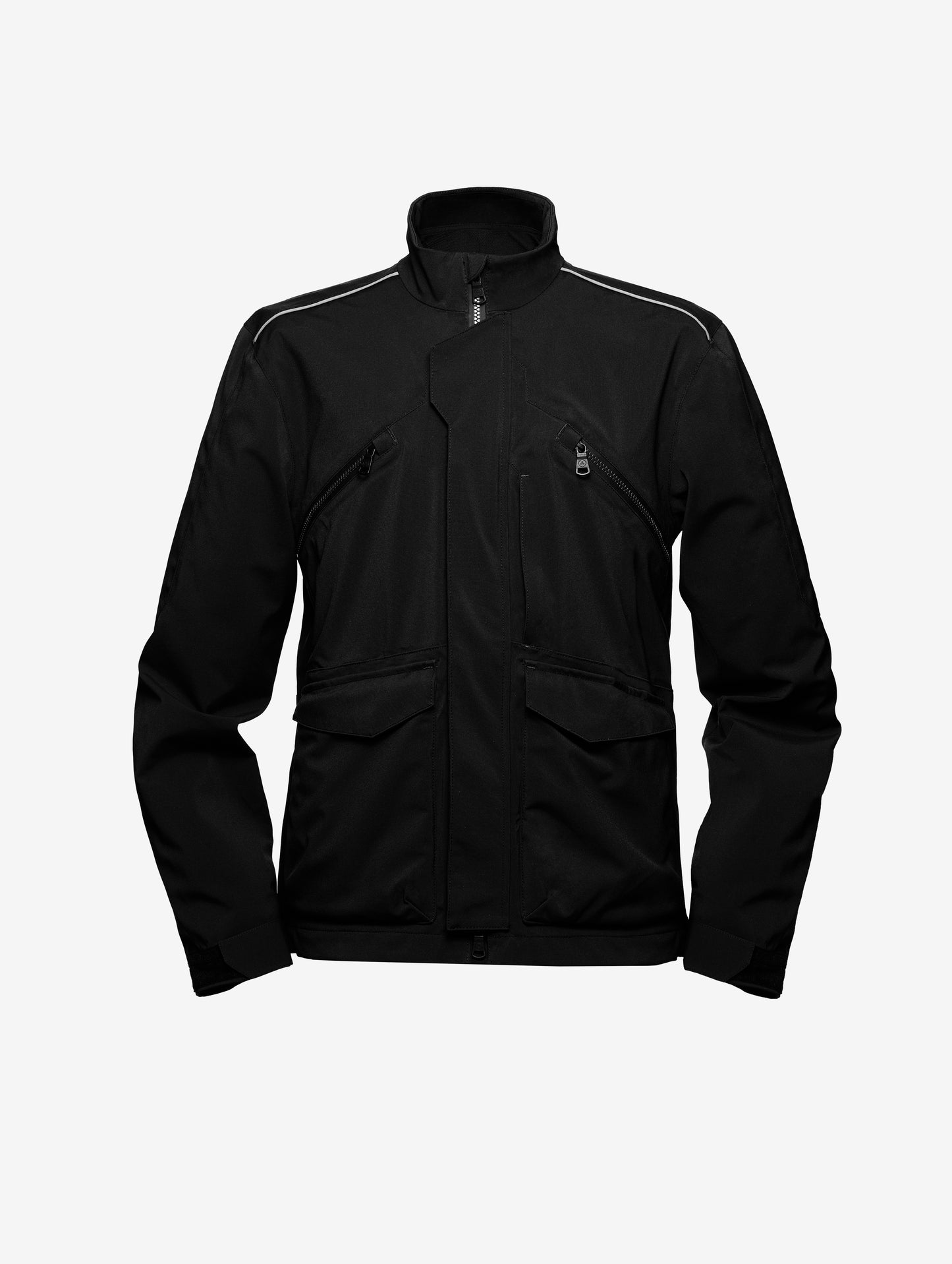 Isolated view of men's black Navigator Motorcycle Jacket from AETHER Apparel.