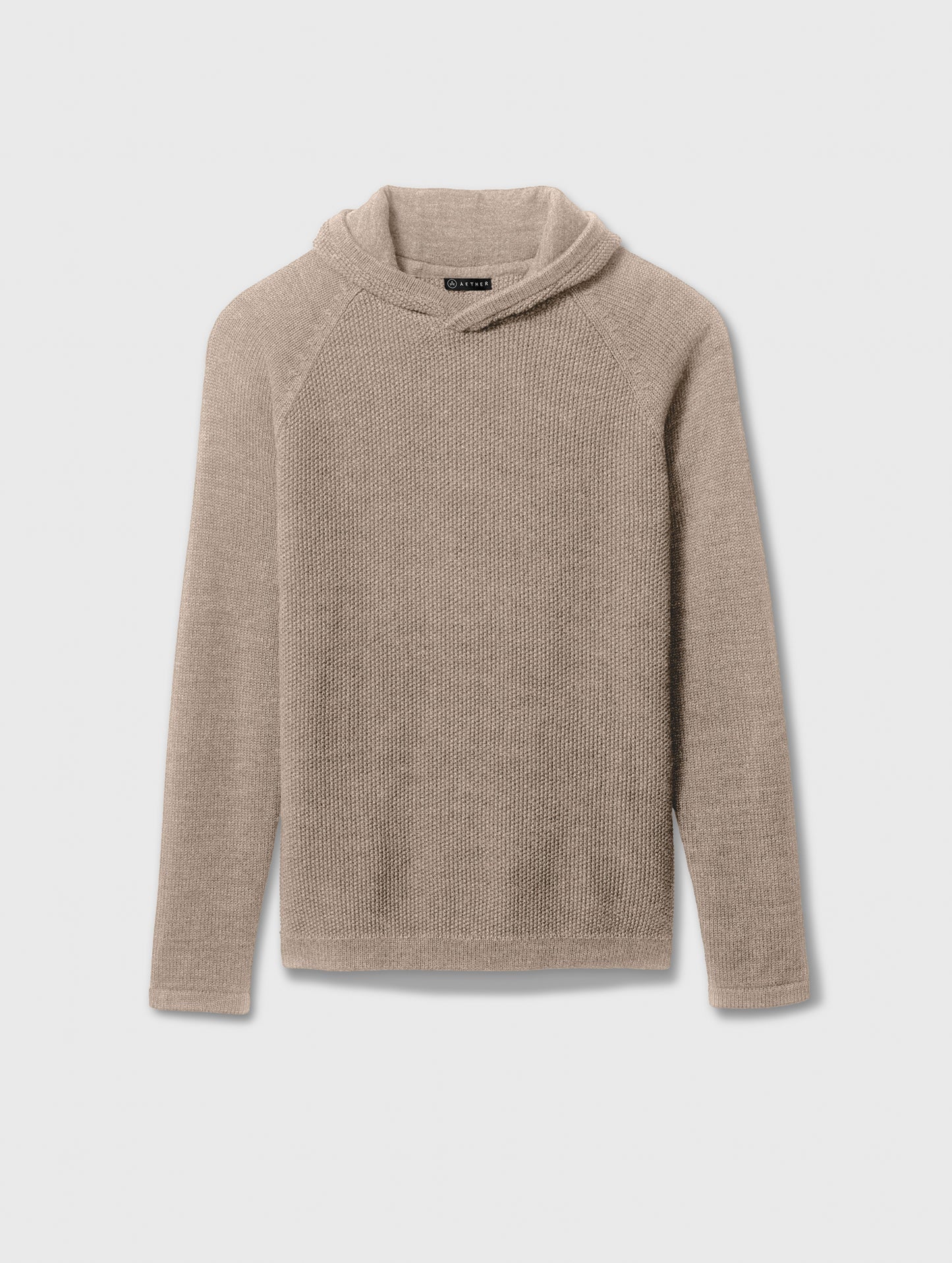 Flat lay of men's Tan Sierra Hooded Sweater from AETHER Apparel.