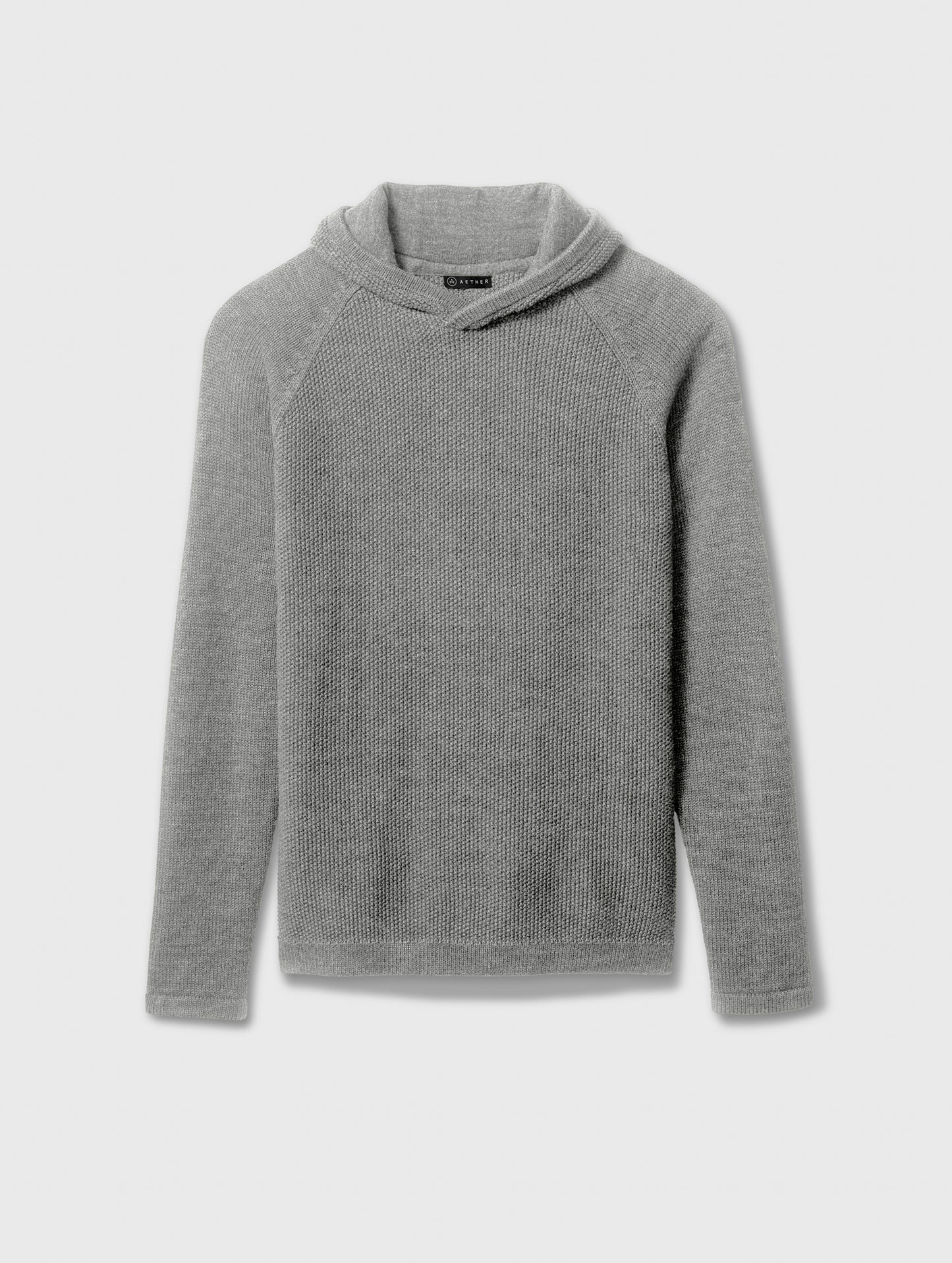 Flat lay of grey Sierra Hooded Sweater from AETHER Apparel.
