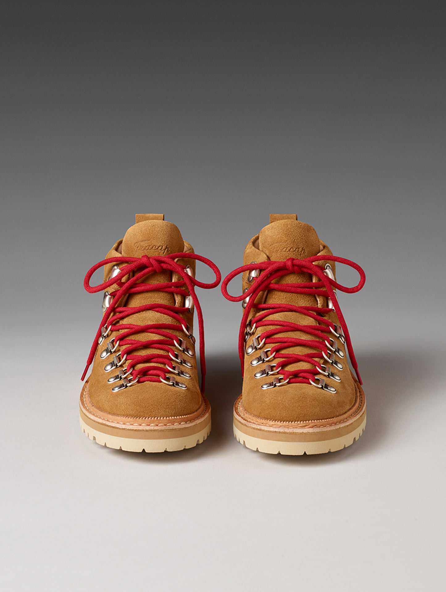 Front view of women’s Dolomite Boot in Camel from AETHER Apparel with red laces.
