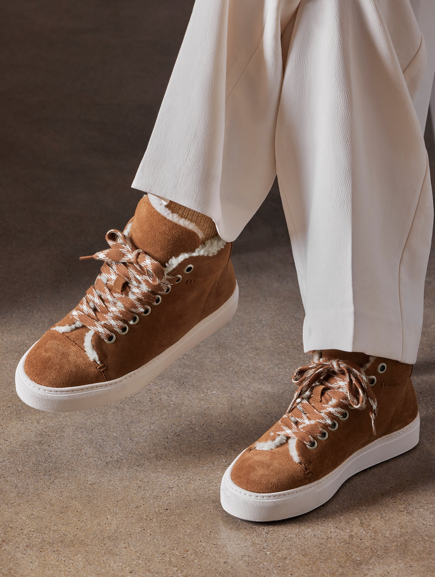 Closeup detailed view of women's Durham Sneaker with Shearling in Canyon Tan from AETHER Apparel.
