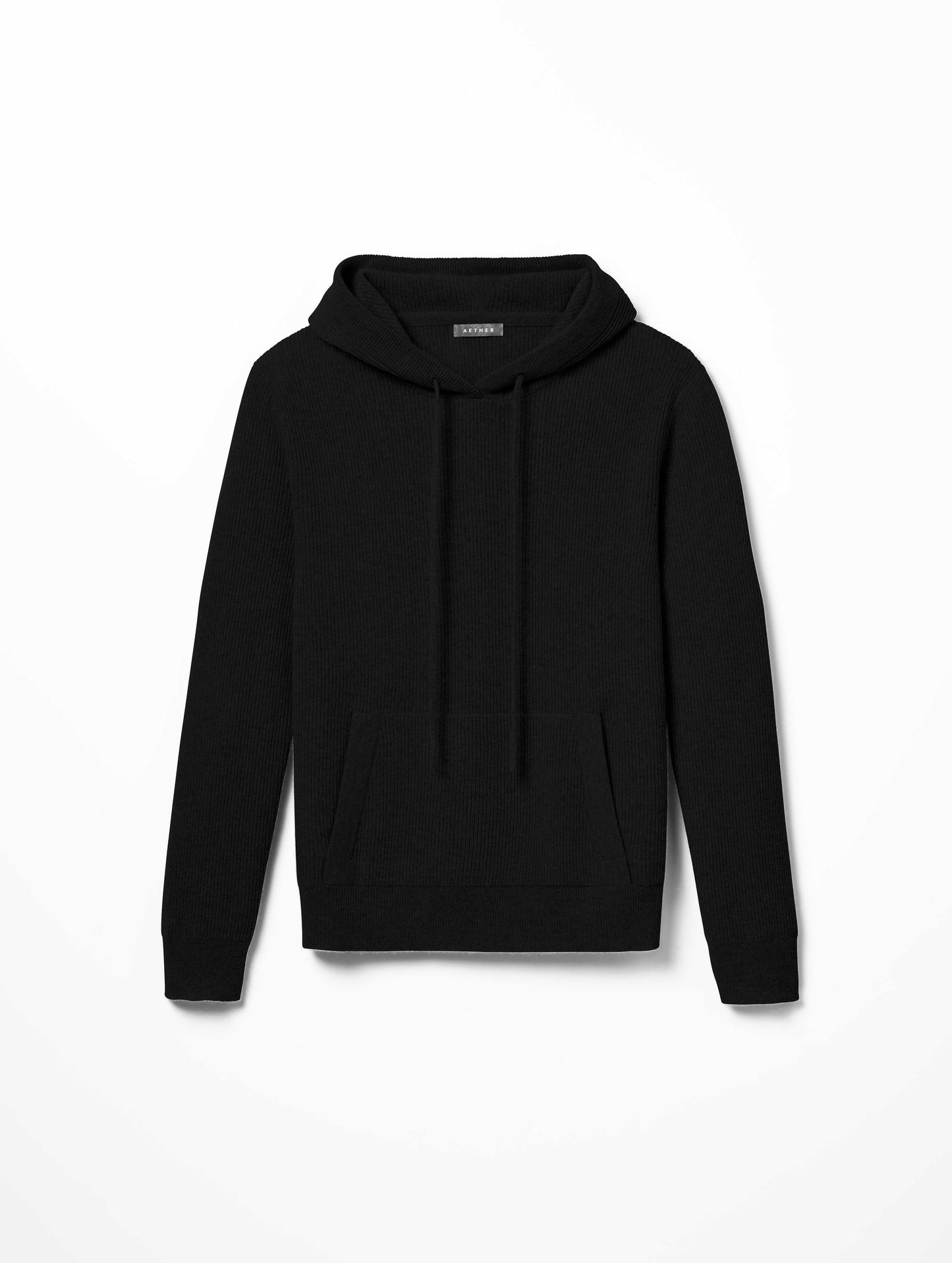 Flat lay of women's Lawrence Cashmere Hooded Sweater in Onyx Black from AETHER Apparel.