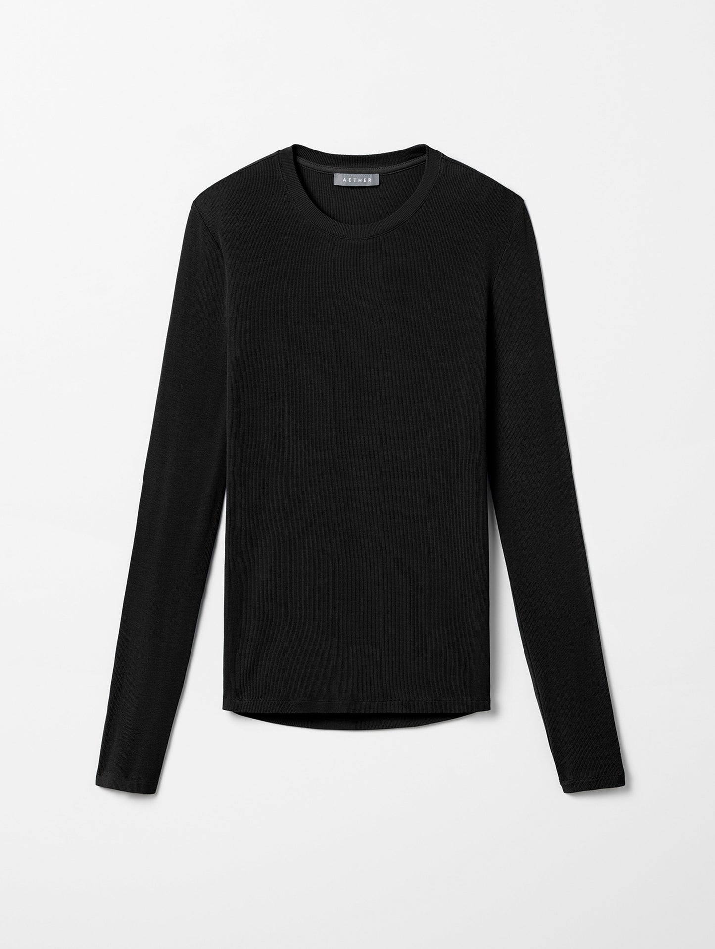 Flat lay of women's Legacy Long-Sleeve Crew in Onyx Black from AETHER Apparel.
