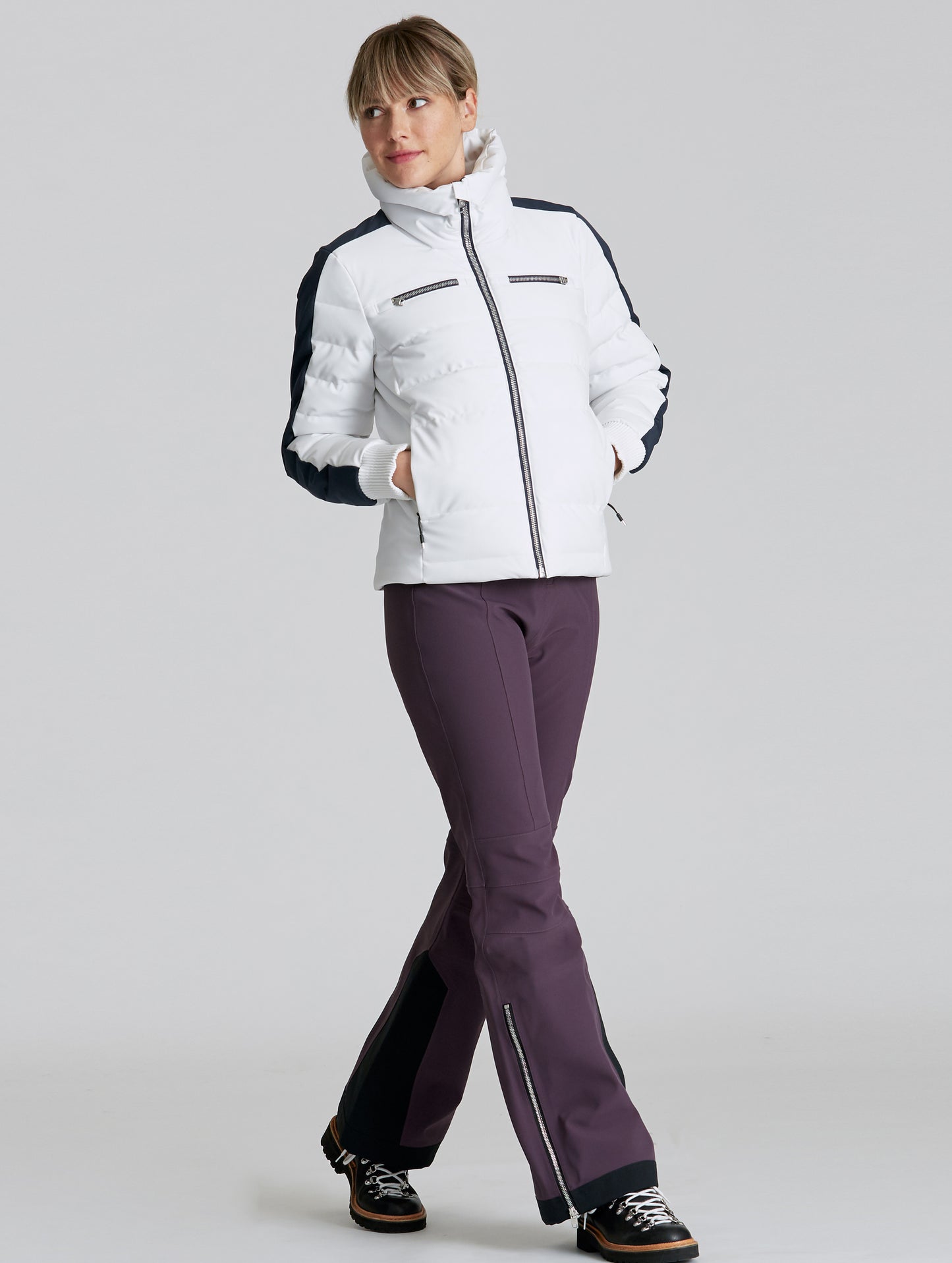 Full view of woman wearing W Nordic Jacket in studio