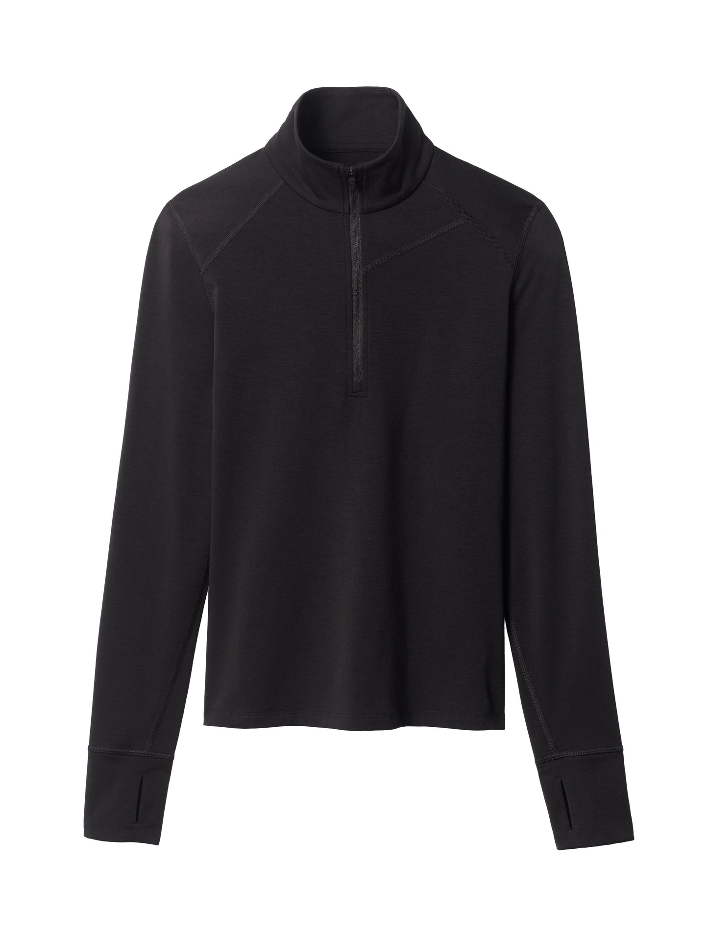 Flat lay of black Vapor Half-Zip Base Layer Jacket from AETHER Apparel.