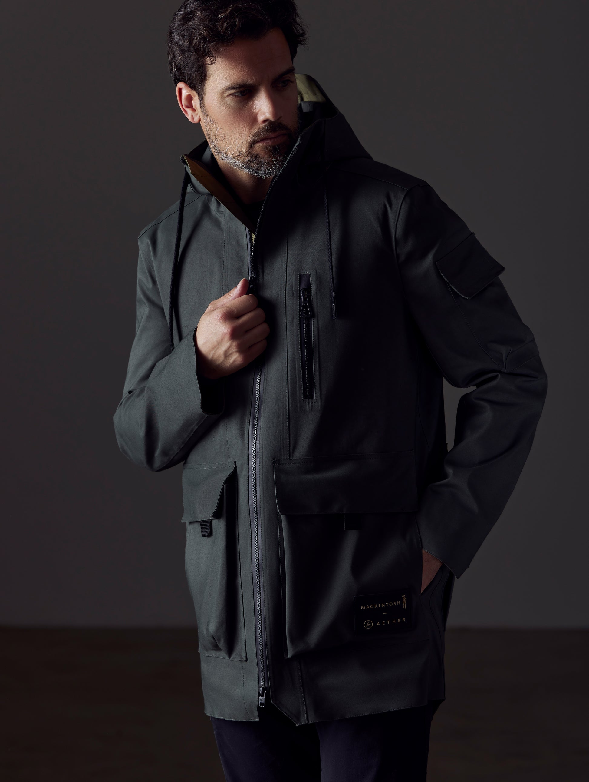 Man wearing dark green parka from AETHER Apparel