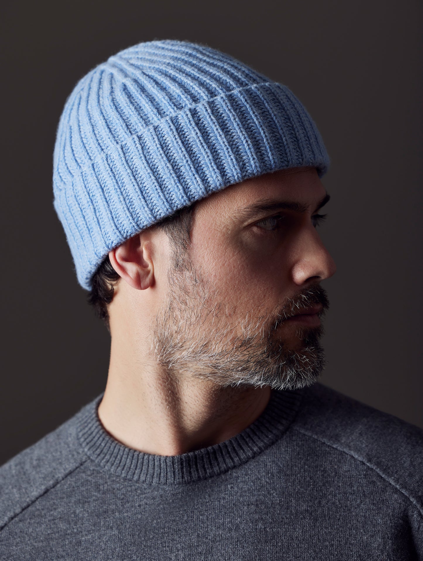 man wearing light blue cashmere hat from AETHER Apparel