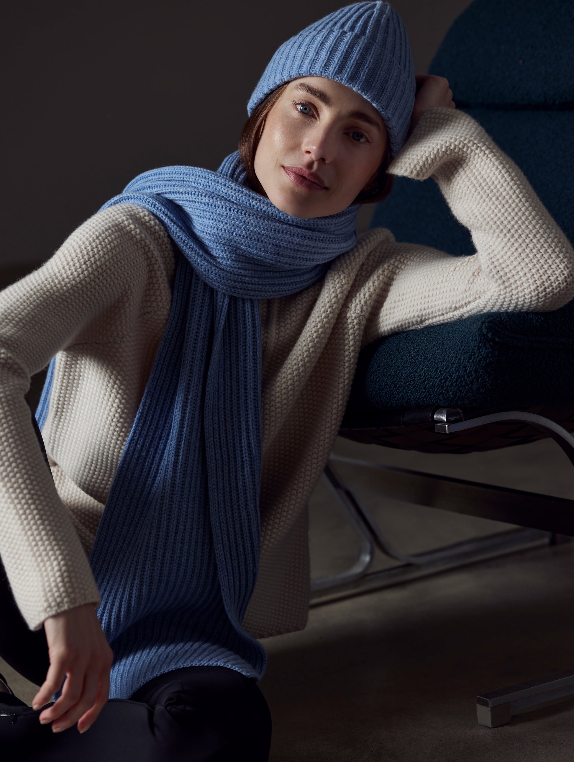 woman wearing light blue cashmere hat from AETHER Apparel