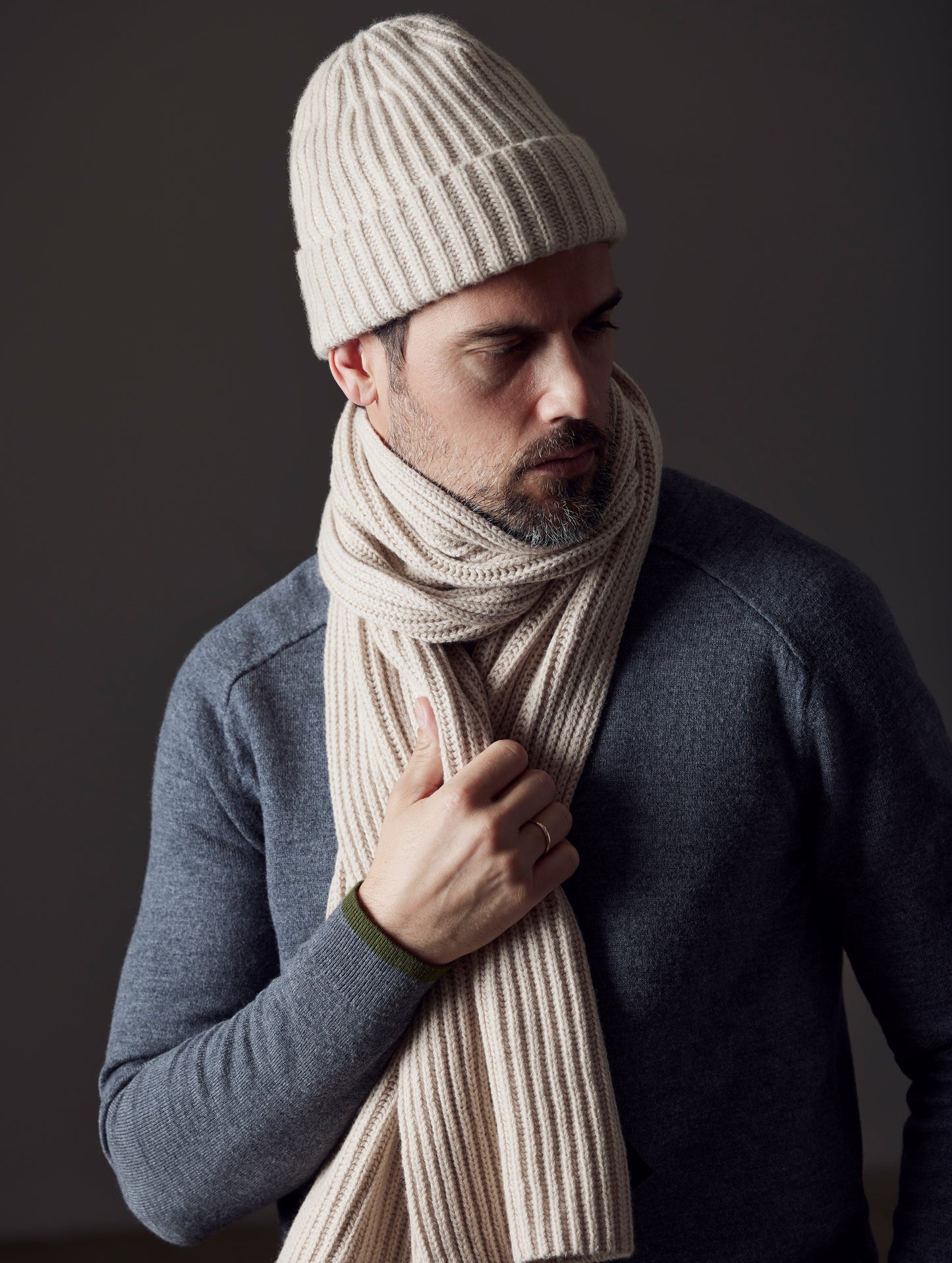 man wearing beige cashmere hat from AETHER Apparel