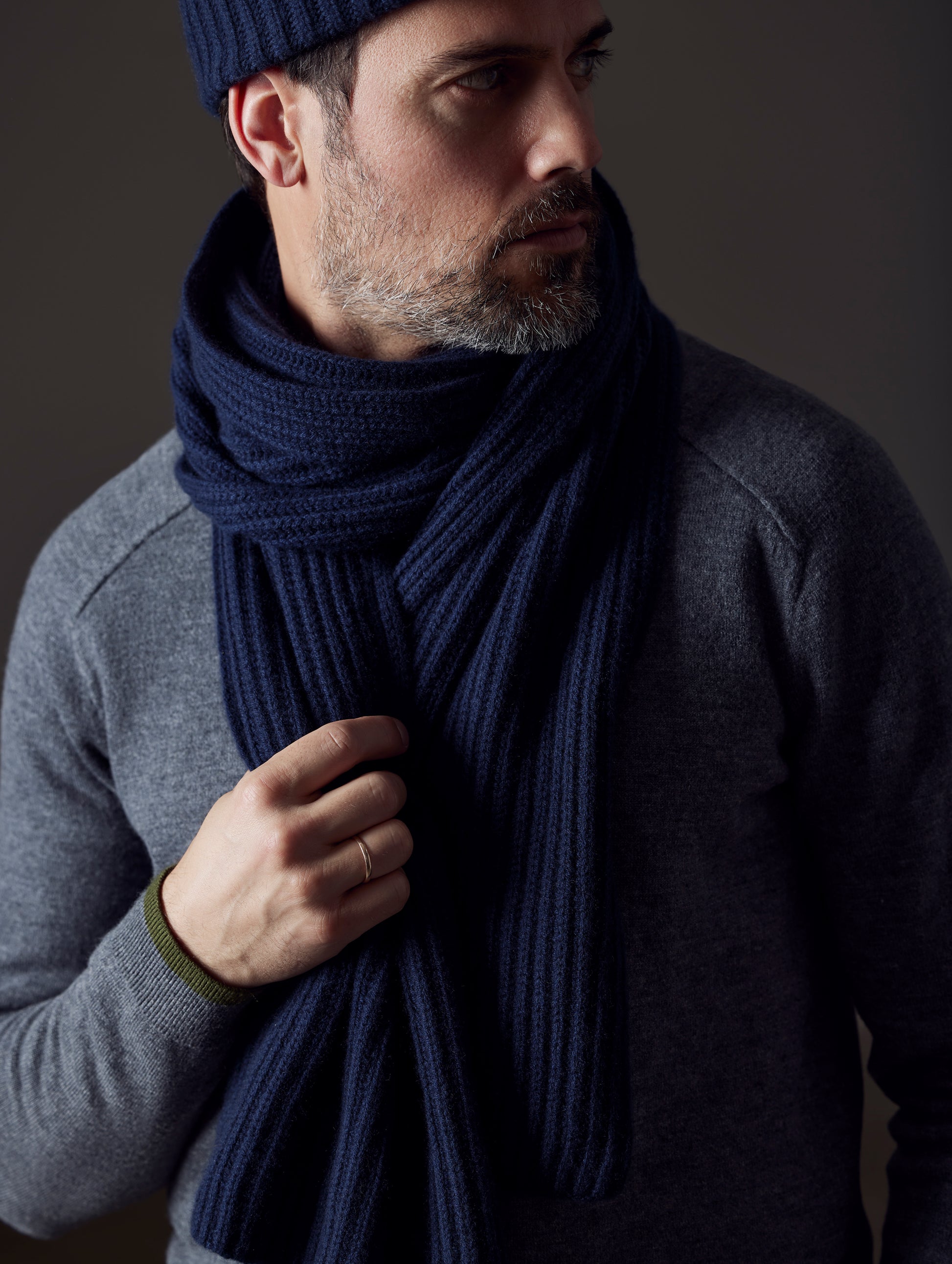 man wearing dark blue cashmere hat and scarf from AETHER Apparel