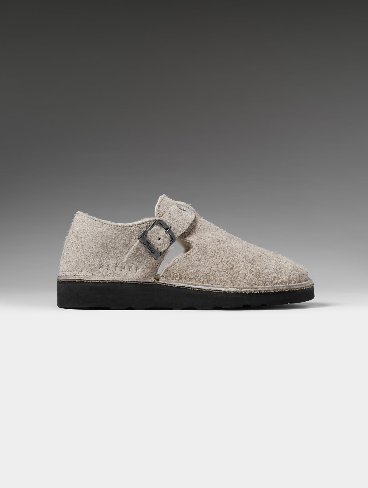 Side profile studio shot of the Sam Buckle Shoe in Cement from AETHER Apparel.