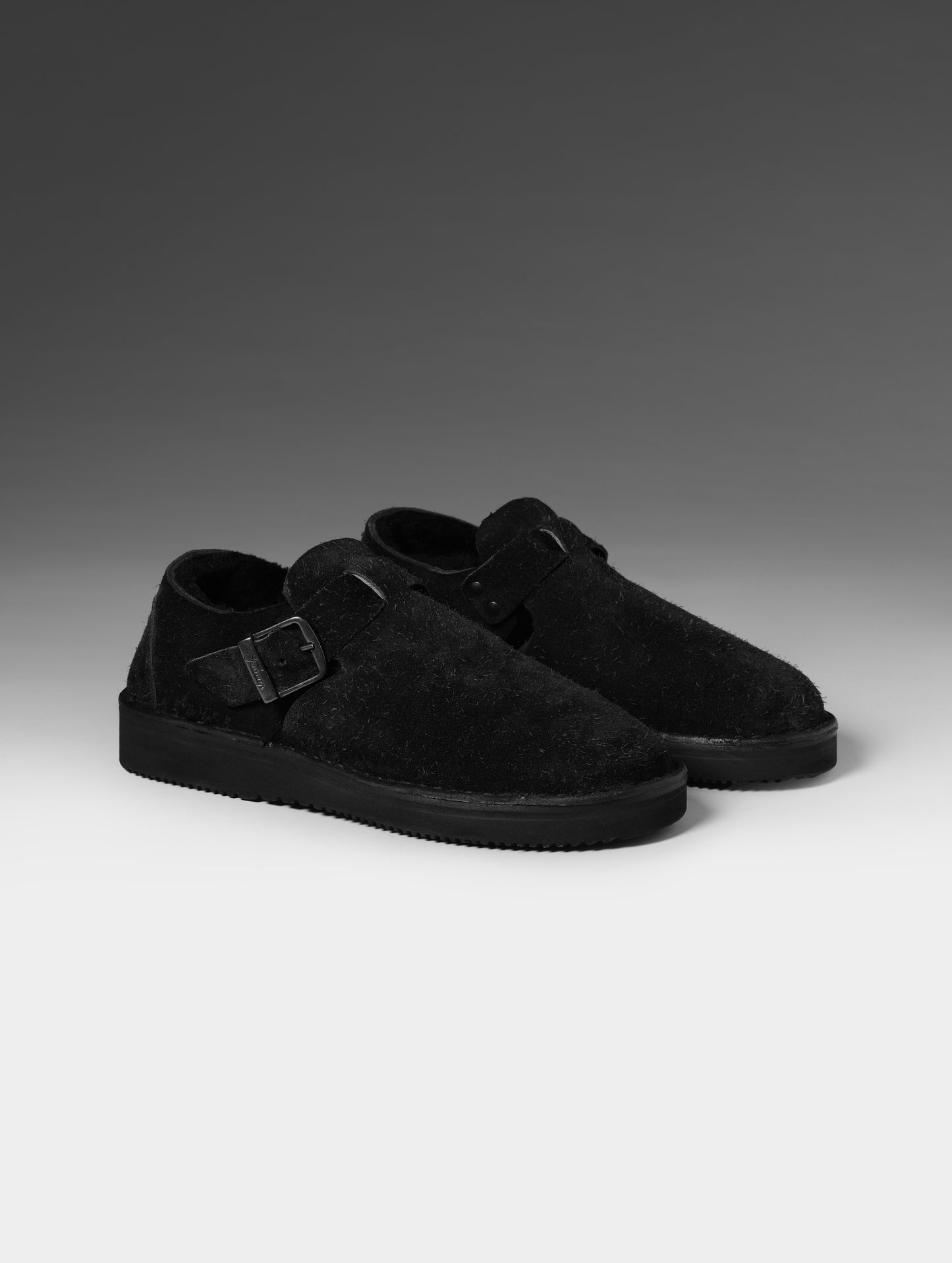 Front 3/4 studio shot of the Sam Buckle Shoe in Onyx Black from AETHER Apparel.