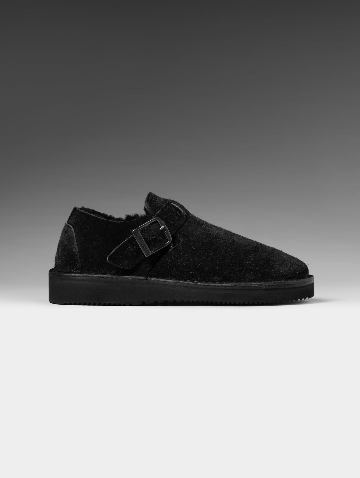 Side profile studio shot of the Sam Buckle Shoe in Onyx Black from AETHER Apparel.