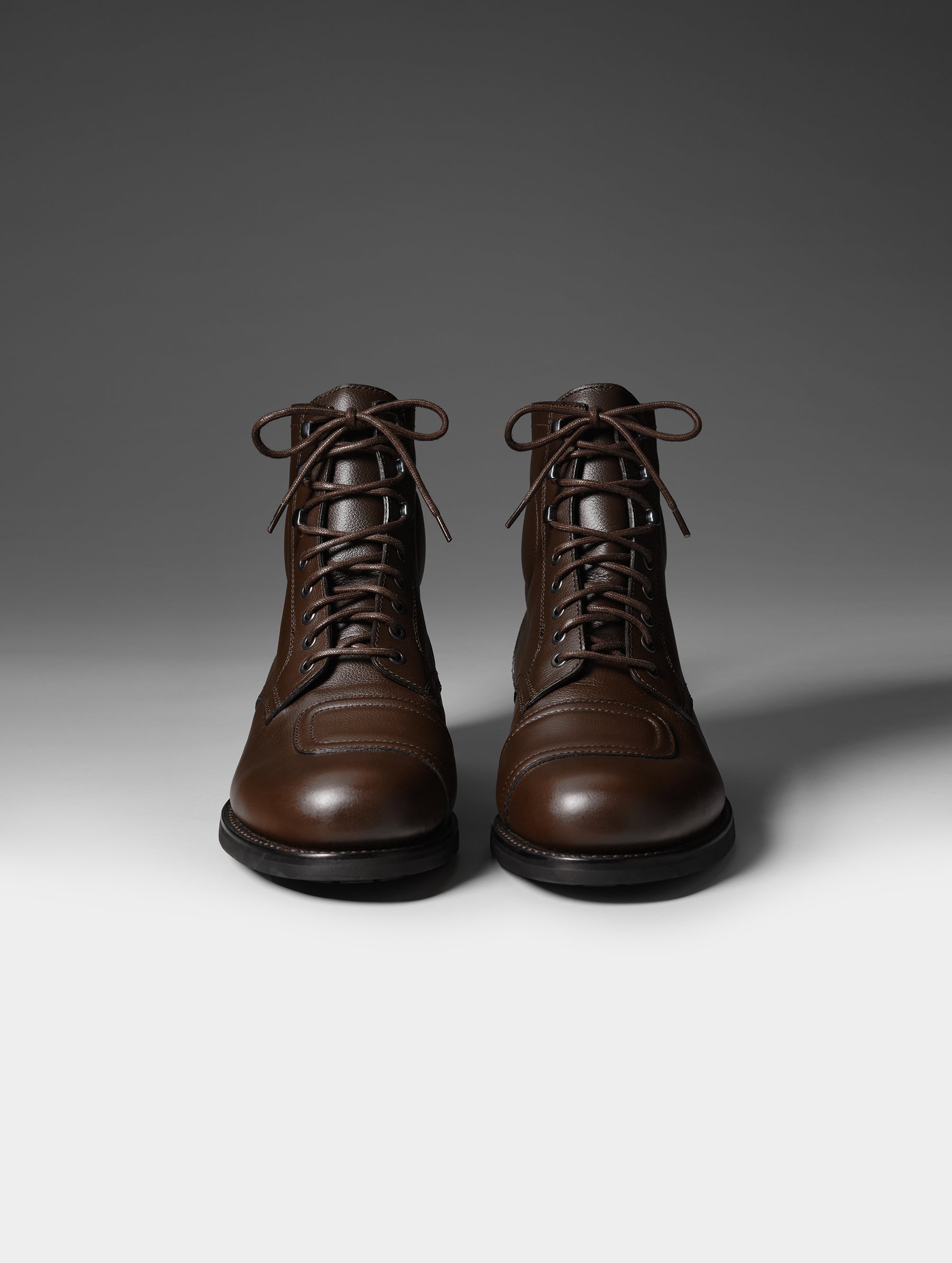 Front studio shot of the Tioga Moto Boot in Espresso Brown with brown laces from AETHER Apparel.