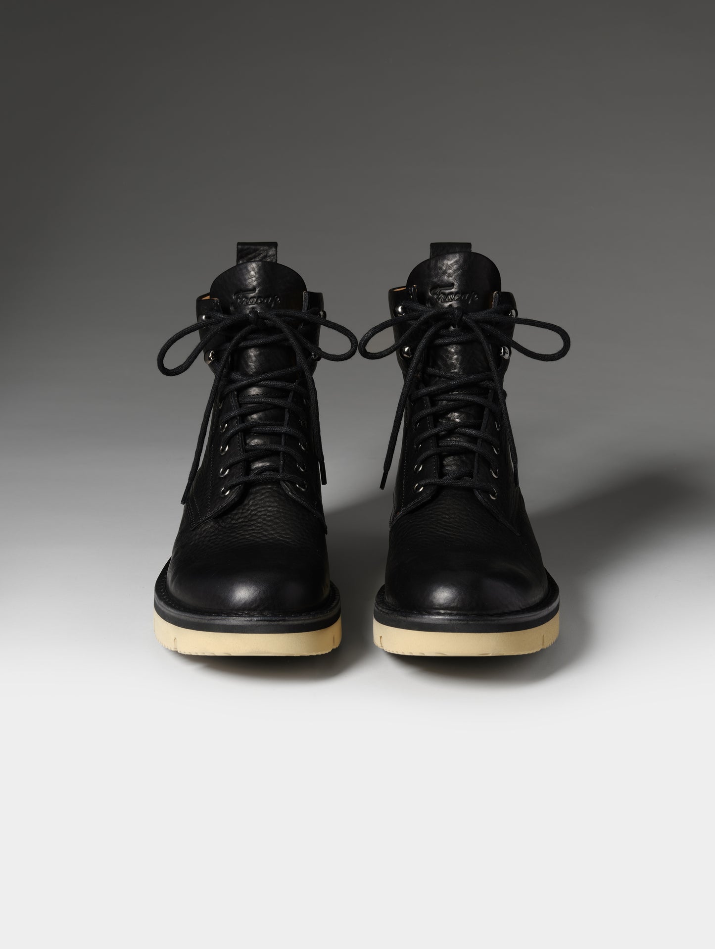 Front studio shot of the Canyon Boot in Onyx Black with black laces from AETHER Apparel.