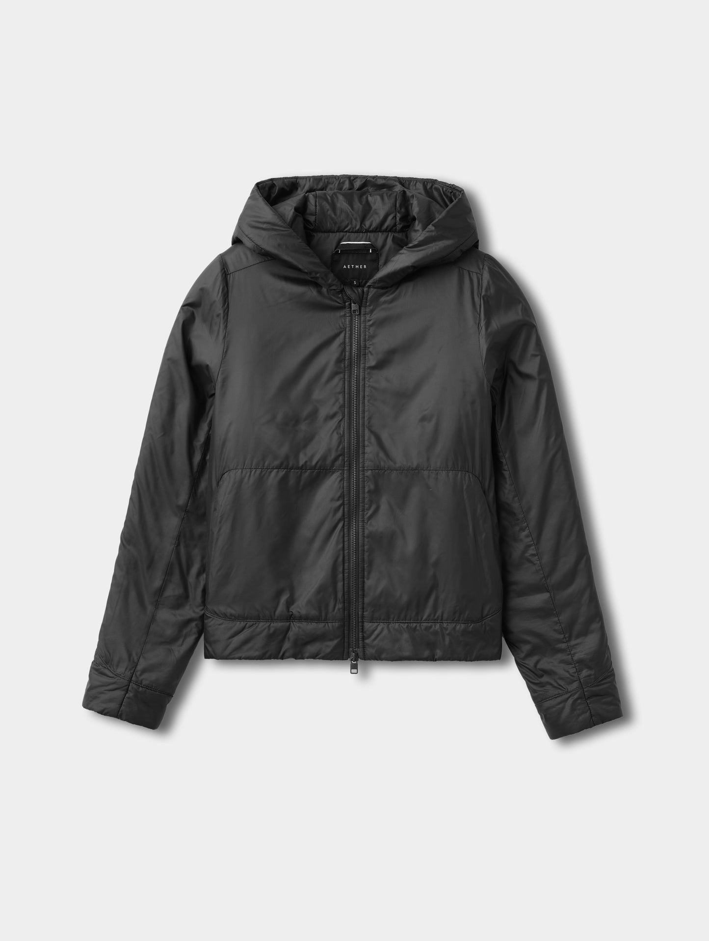 Flat lay view of the Celeste Eco Insulated Hoodie in Onyx Black from AETHER Apparel.