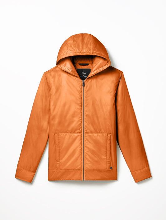 Flat lay of Eco Space Hoodie in Autumn Orange from AETHER Apparel.