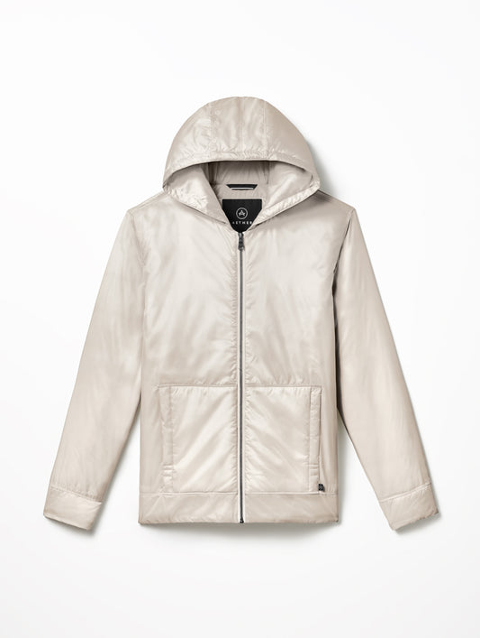 Flat lay of Eco Space Hoodie in Bone white from AETHER Apparel.