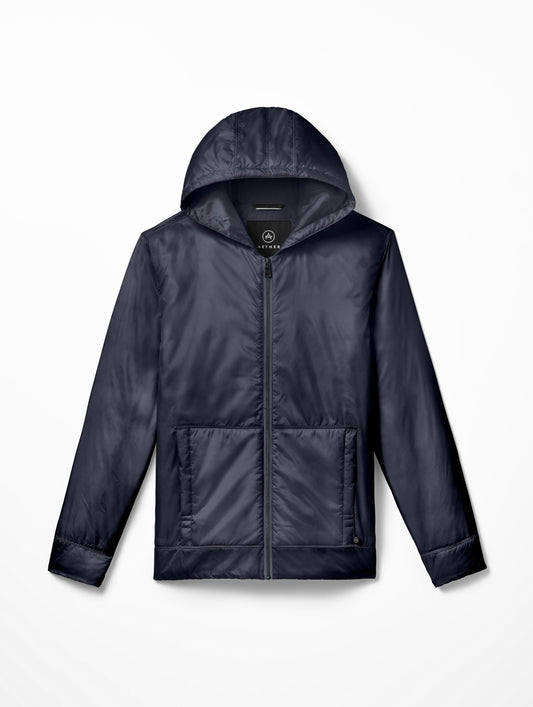 Flat lay of Eco Space Hoodie in Total Eclipse dark blue from AETHER Apparel.