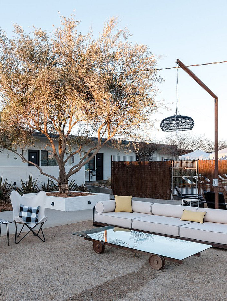 View of an outdoor lounge space at the Cuyama Buckhorn resort.