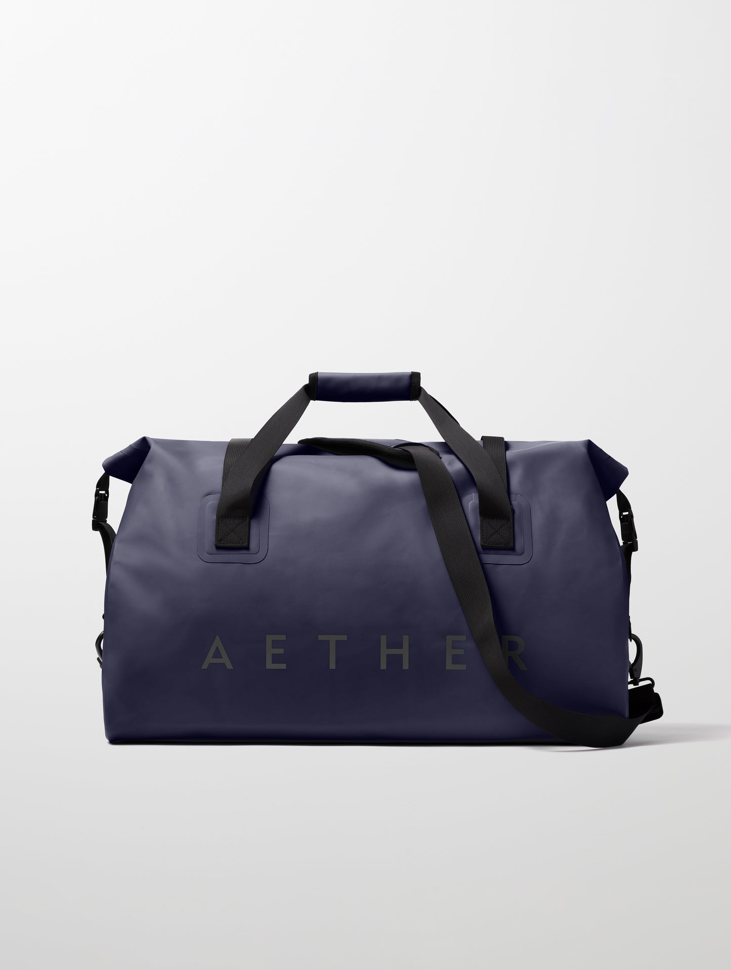 Rear view of Excursion Duffle Bag 60L in Total Eclipse dark blue from AETHER Apparel.