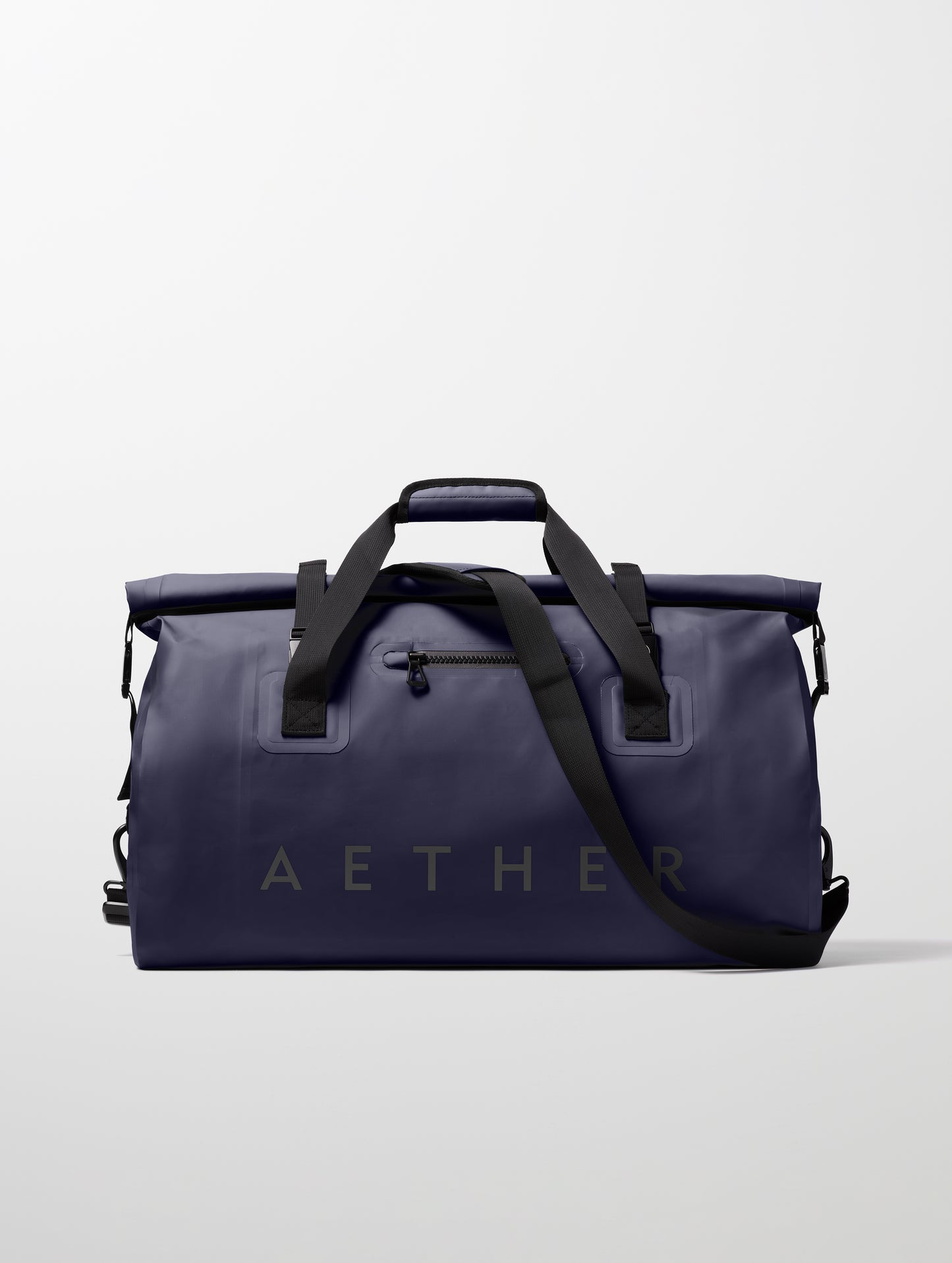 Front view of Excursion Duffle Bag 60L in Total Eclipse dark blue from AETHER Apparel.