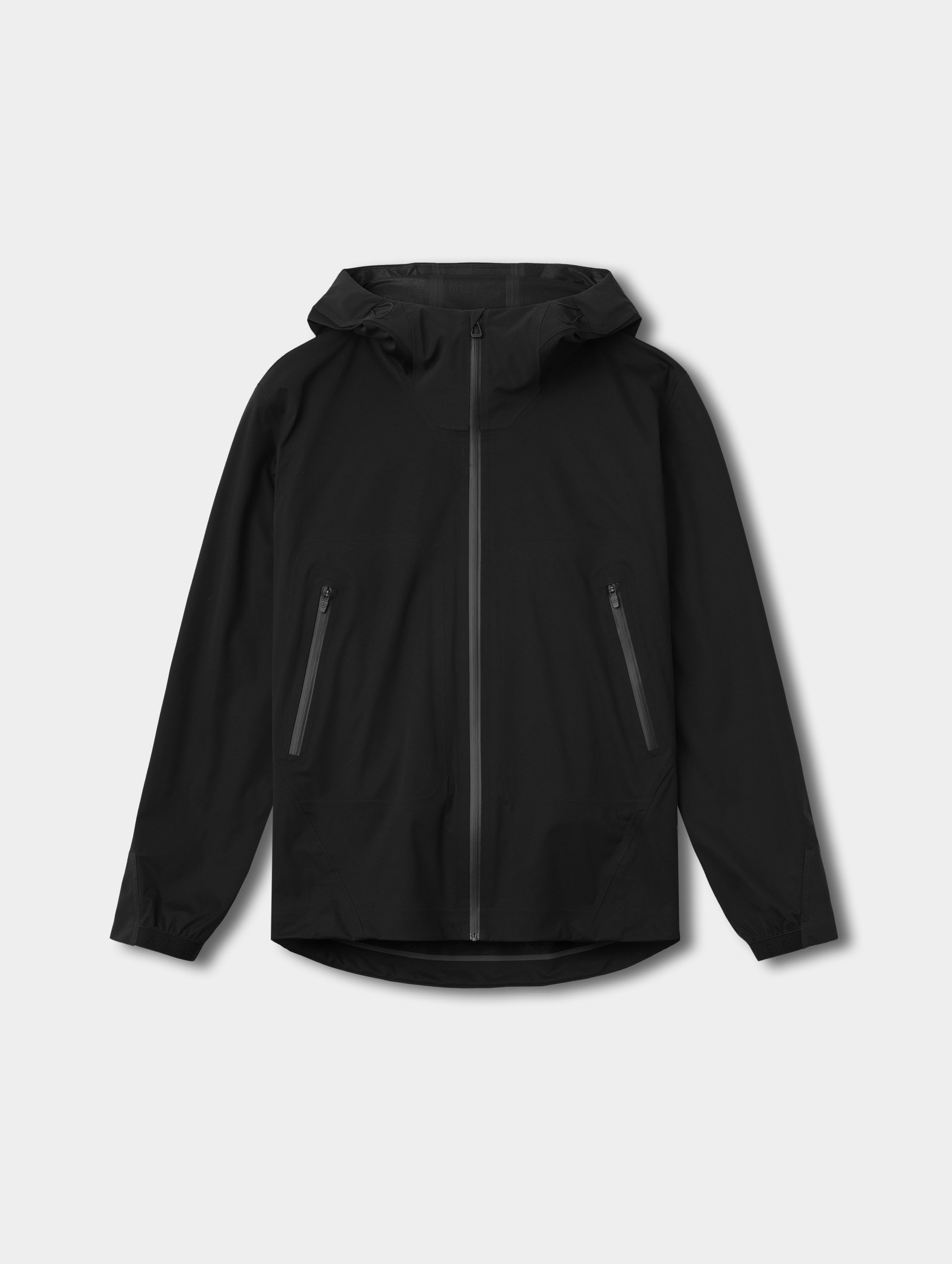 Flat lay view of the Frontier Hooded Shell Jacket in Onyx Black from AETHER Apparel.