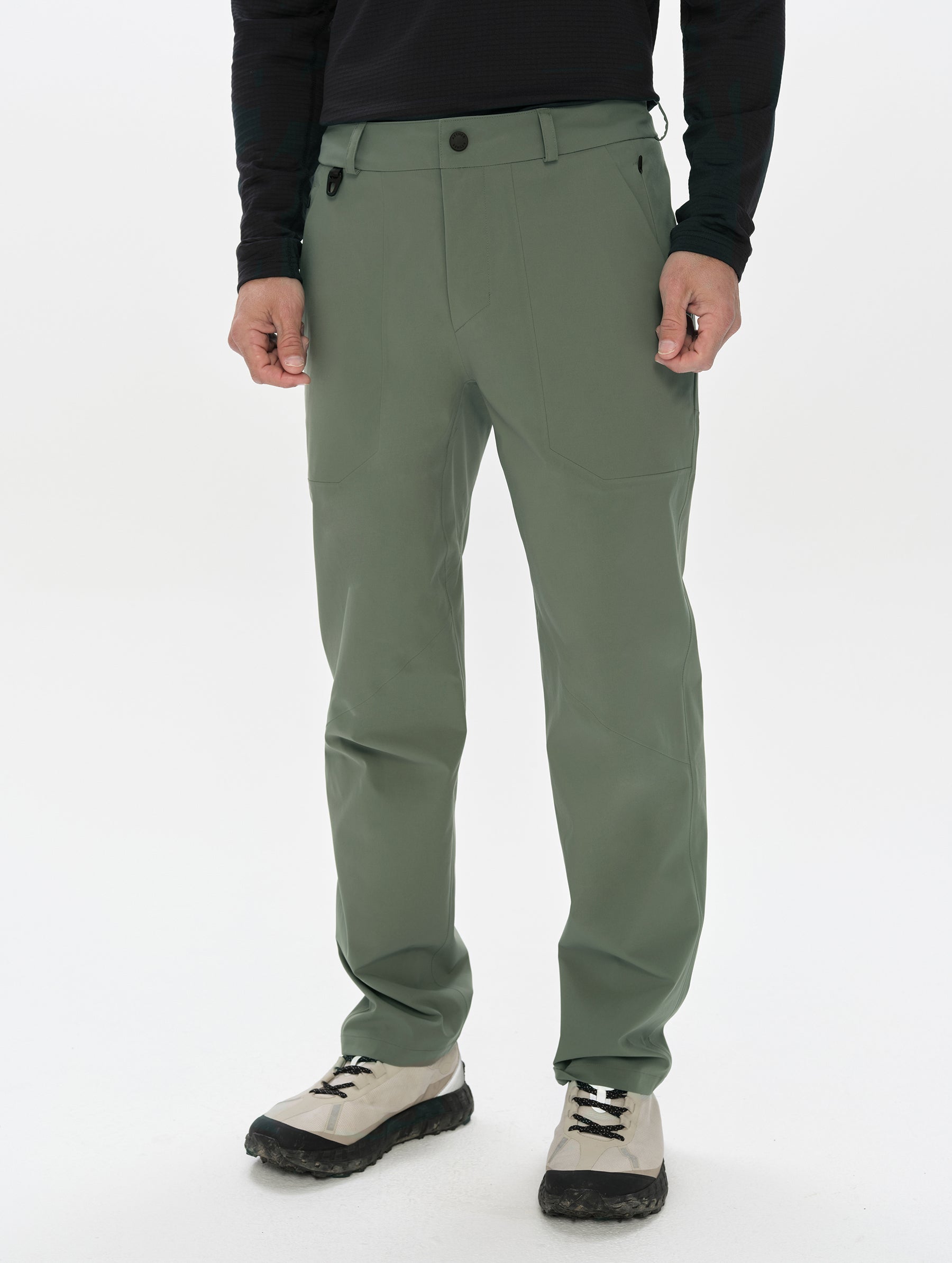 Front, lower-body view of man wearing the Frontier Pant in Gunmetal  from AETHER Apparel.