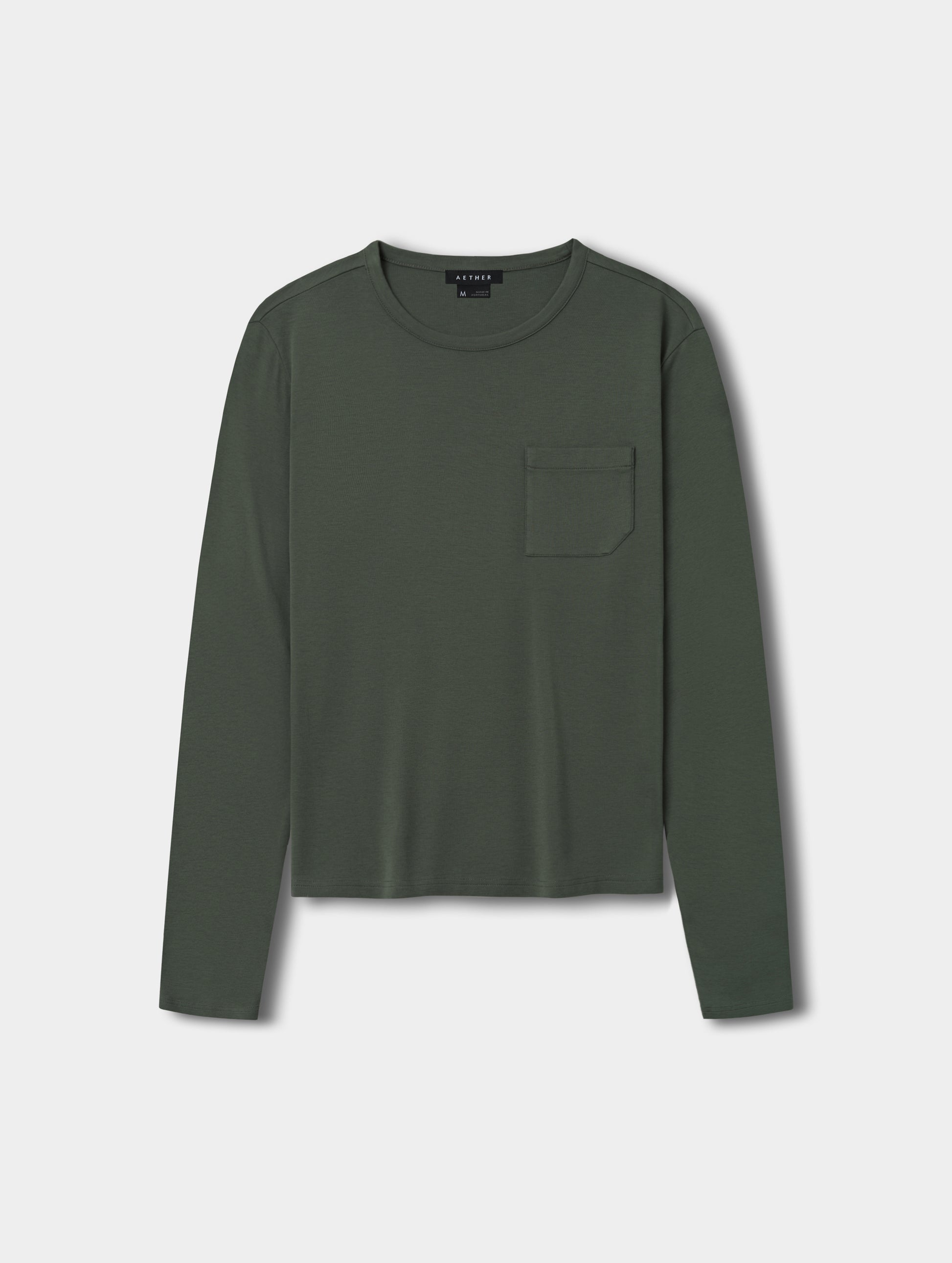 Flat lay view of Harlow Premium Long-Sleeve Tee in Saville Green  from AETHER Apparel.