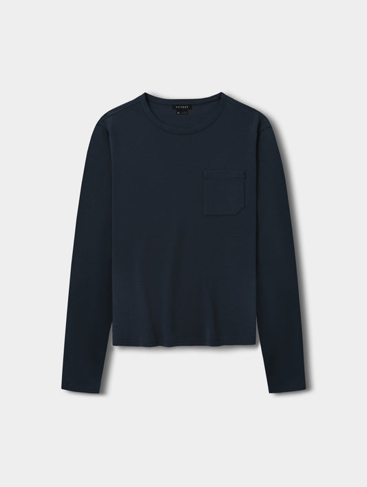 Flat lay view of Harlow Premium Long-Sleeve Tee in Total Eclipse from AETHER Apparel.