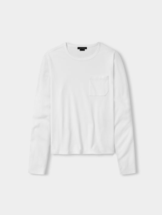 Flat lay view of Harlow Premium Long-Sleeve Tee in White from AETHER Apparel.