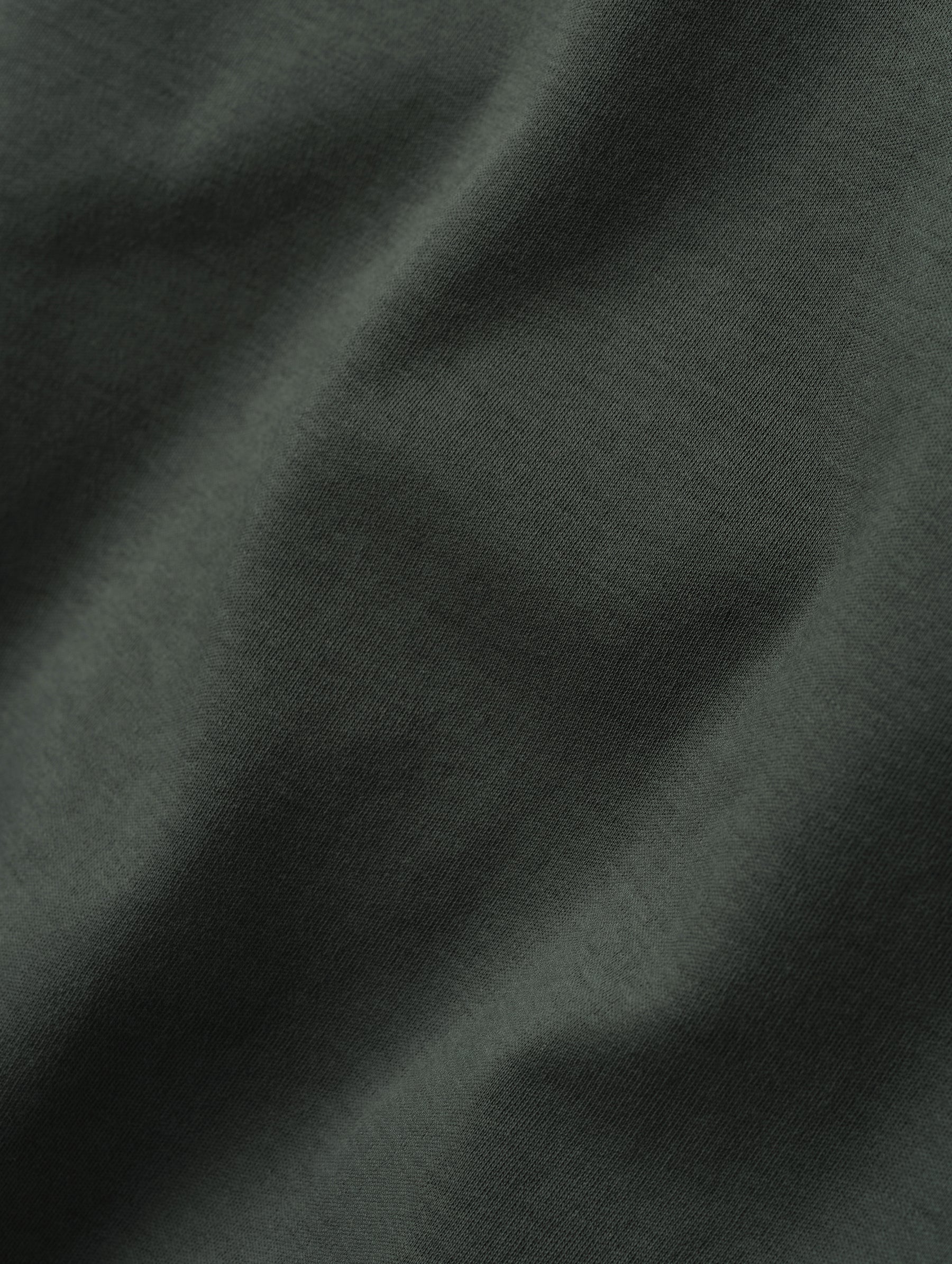 Closeup detailed view of the fabric on the Harlow Premium Tee in Saville Green from AETHER Apparel.