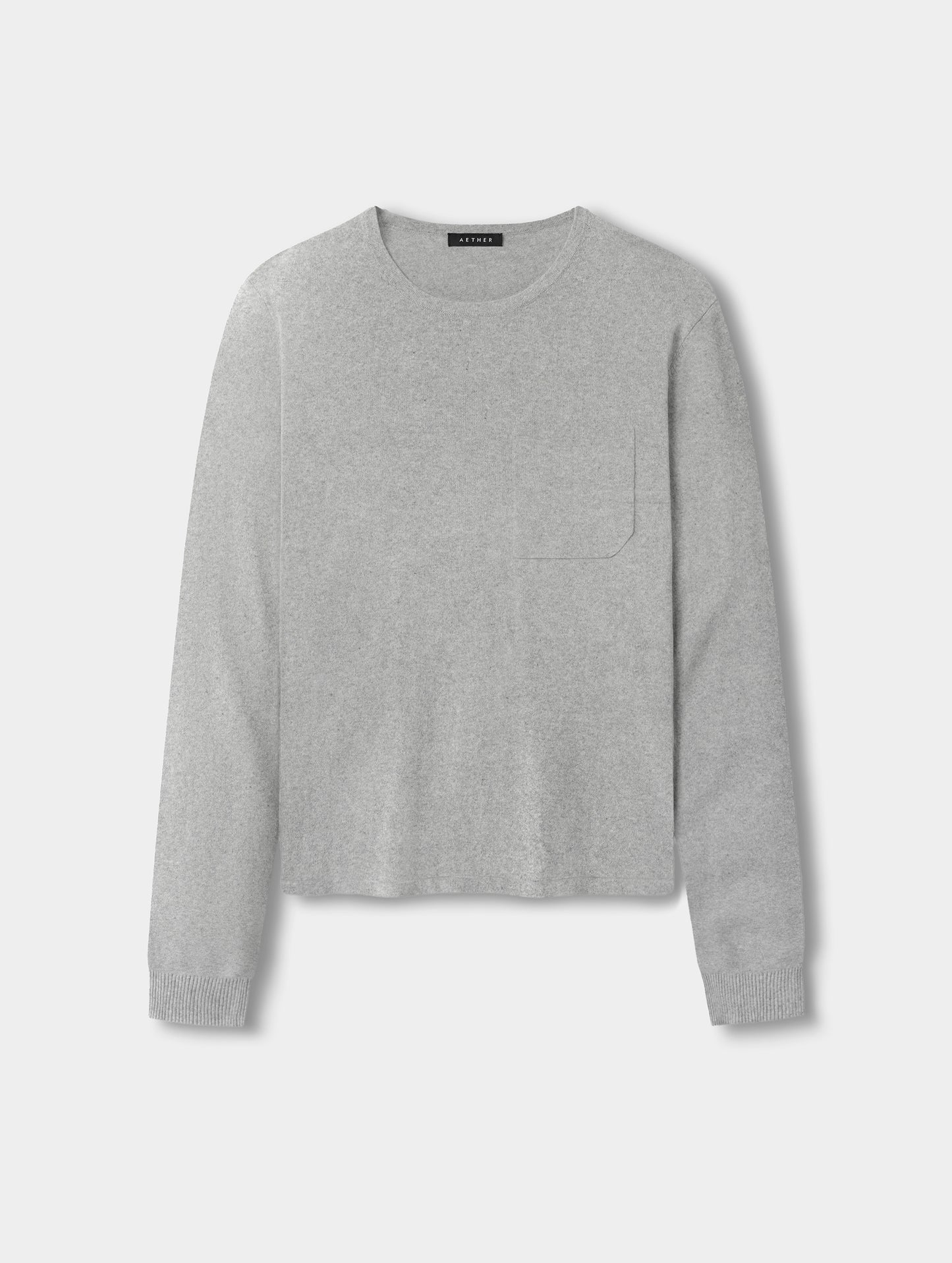 Flat lay view of the men’s Aero Crewneck Sweater 2.0 in Alumino Grey from AETHER Apparel.