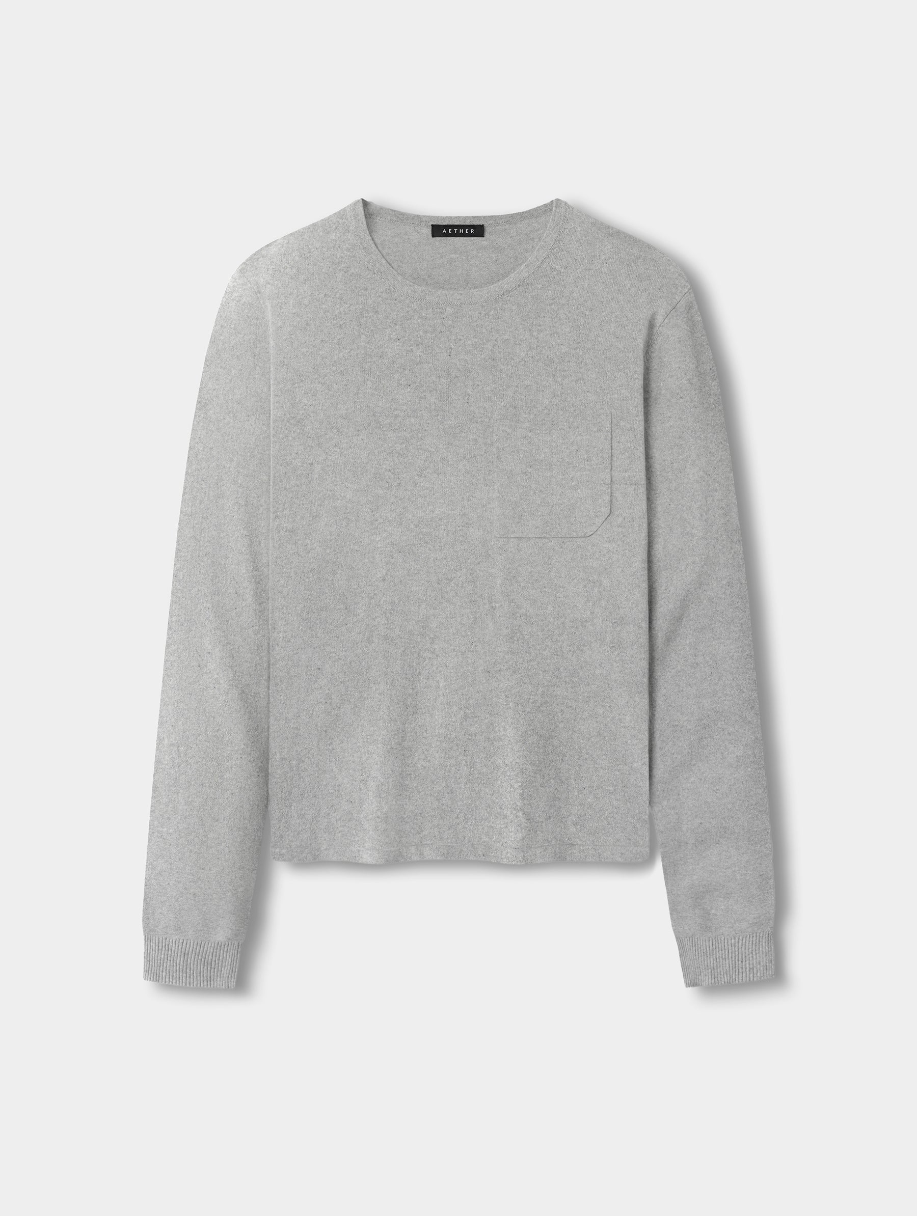 Flat lay view of the men’s Aero Crewneck Sweater 2.0 in Alumino Grey from AETHER Apparel.
