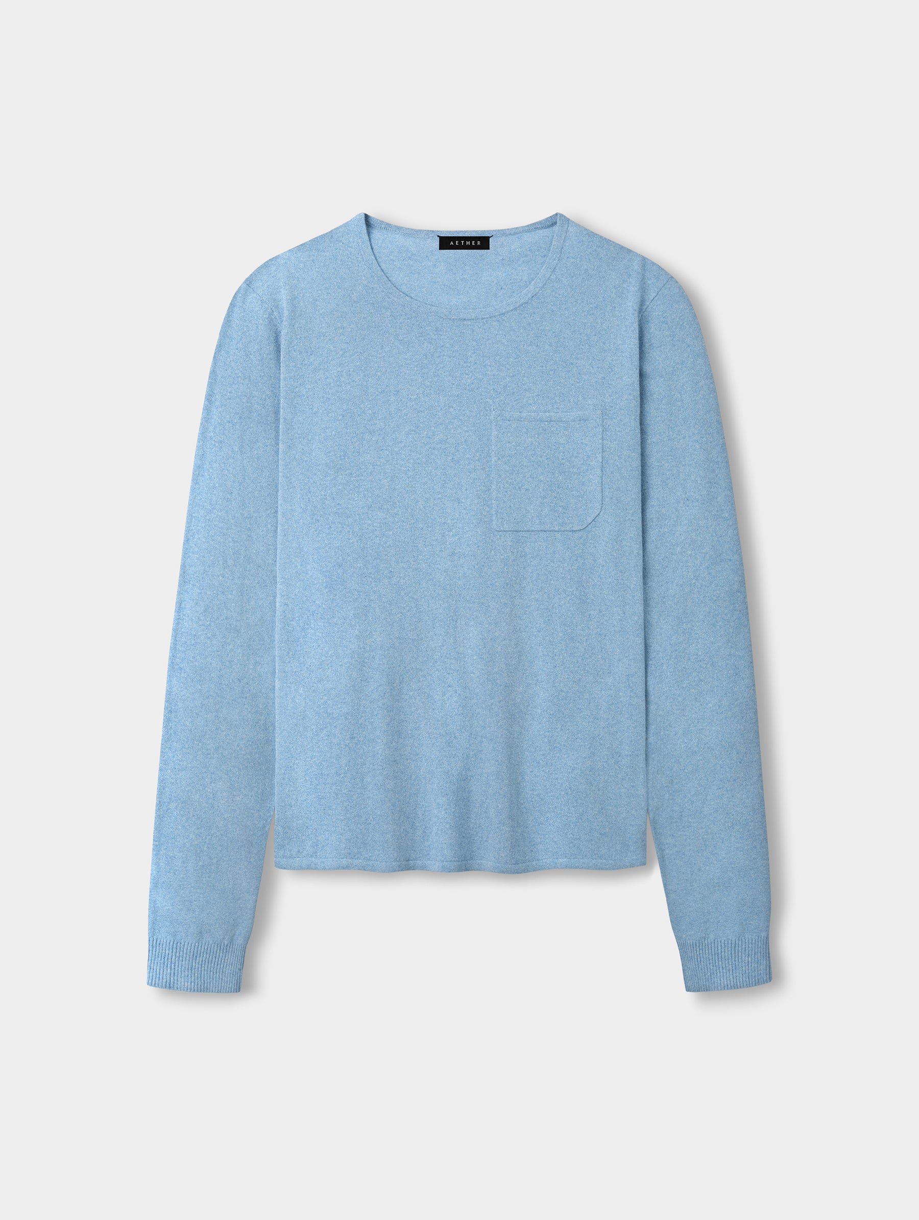 Flat lay view of the men’s Aero Crewneck Sweater 2.0 in Cloud Blue from AETHER Apparel.