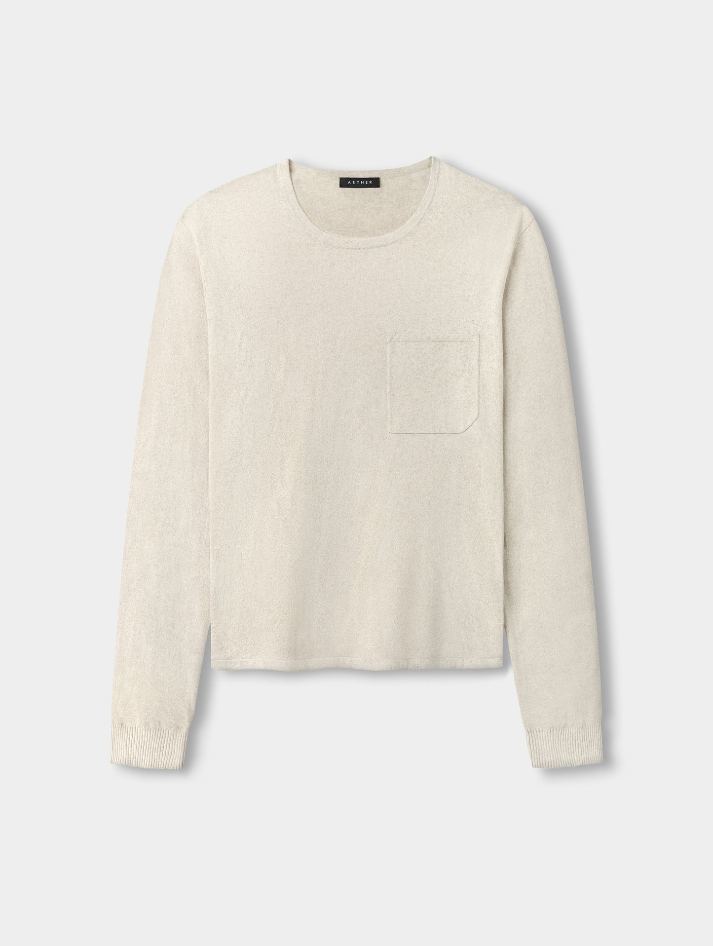 Flat lay view of the men’s Aero Crewneck Sweater 2.0 in Lino Tan from AETHER Apparel.