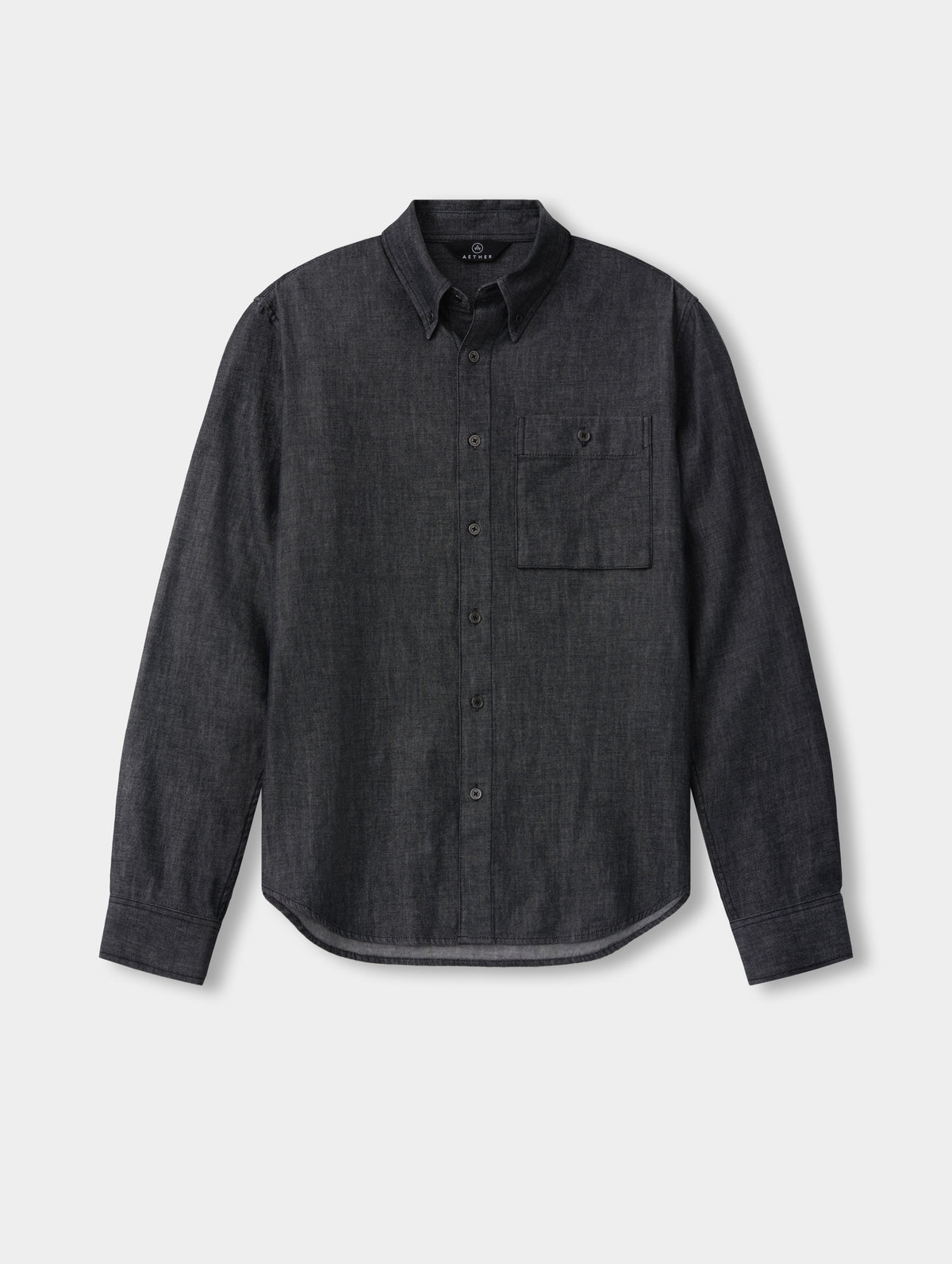 Flat lay view of the Alder Chambray Button-Down in Black from AETHER Apparel.