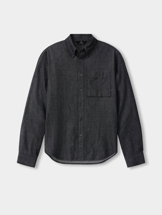 Flat lay view of the Alder Chambray Button-Down in Black from AETHER Apparel.