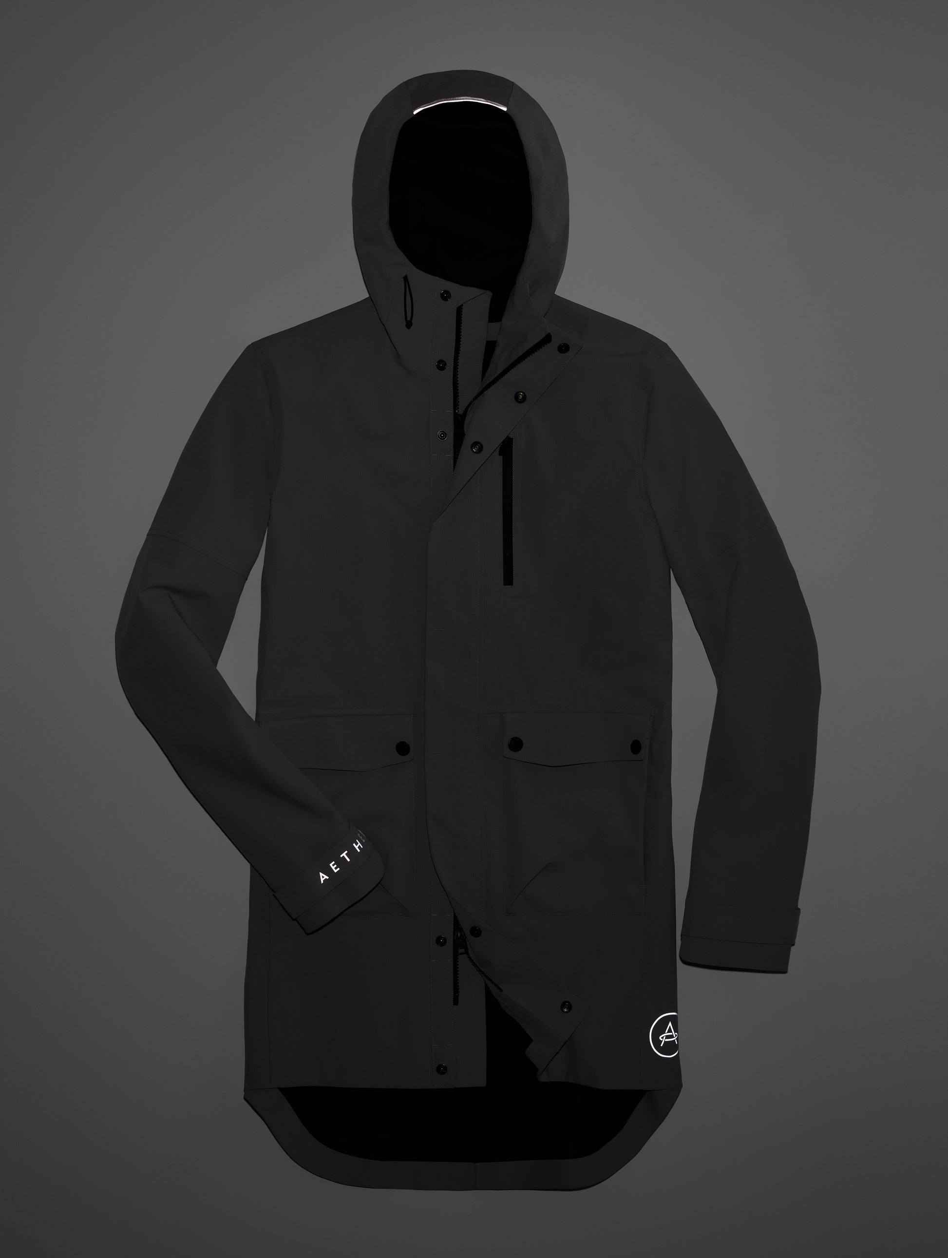 Dark view of grey men's rain jacket from AETHER Apparel