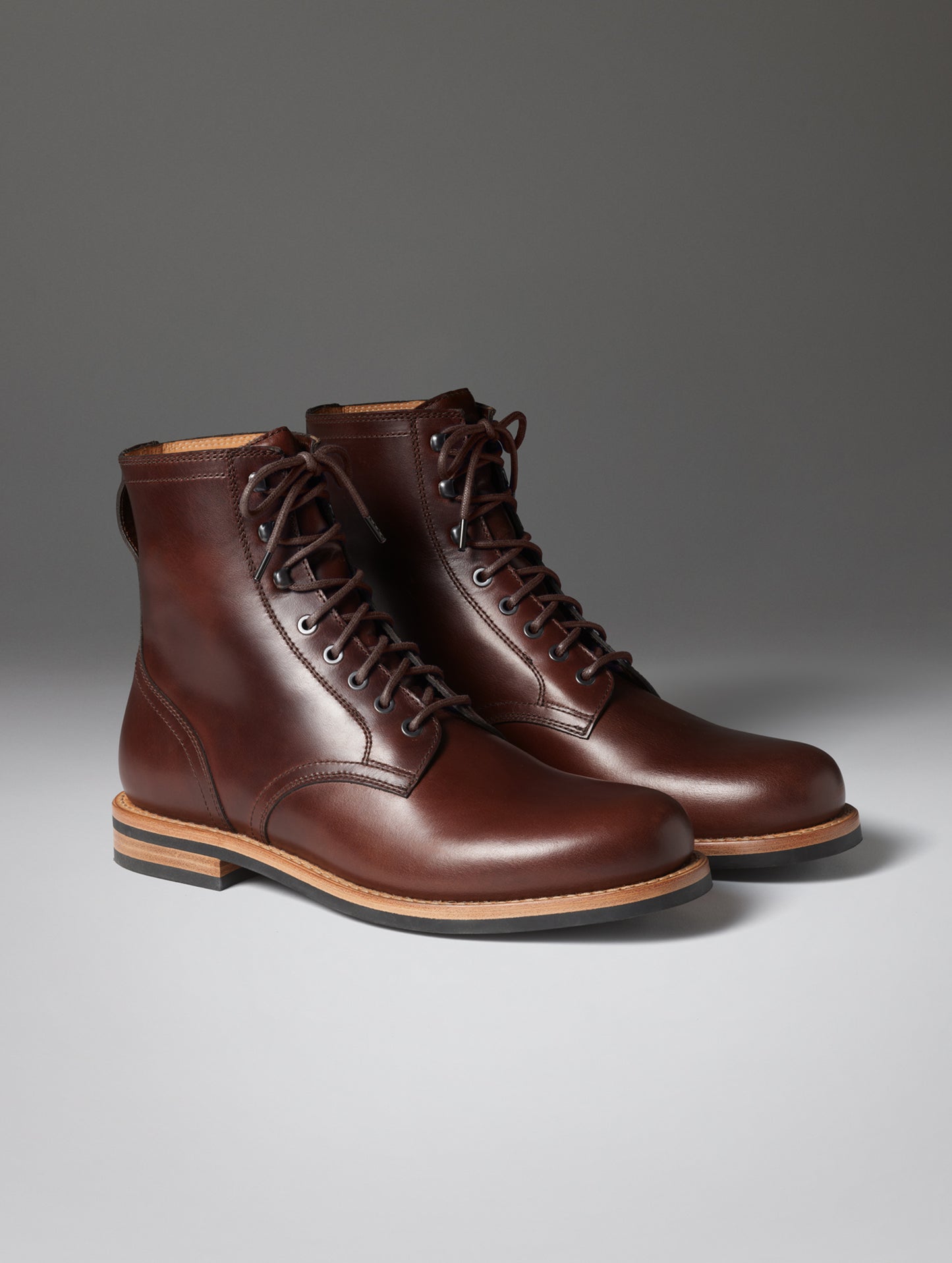 Front angled view of the Avenue Boot in Rustic Brown with brown laces from AETHER Apparel.